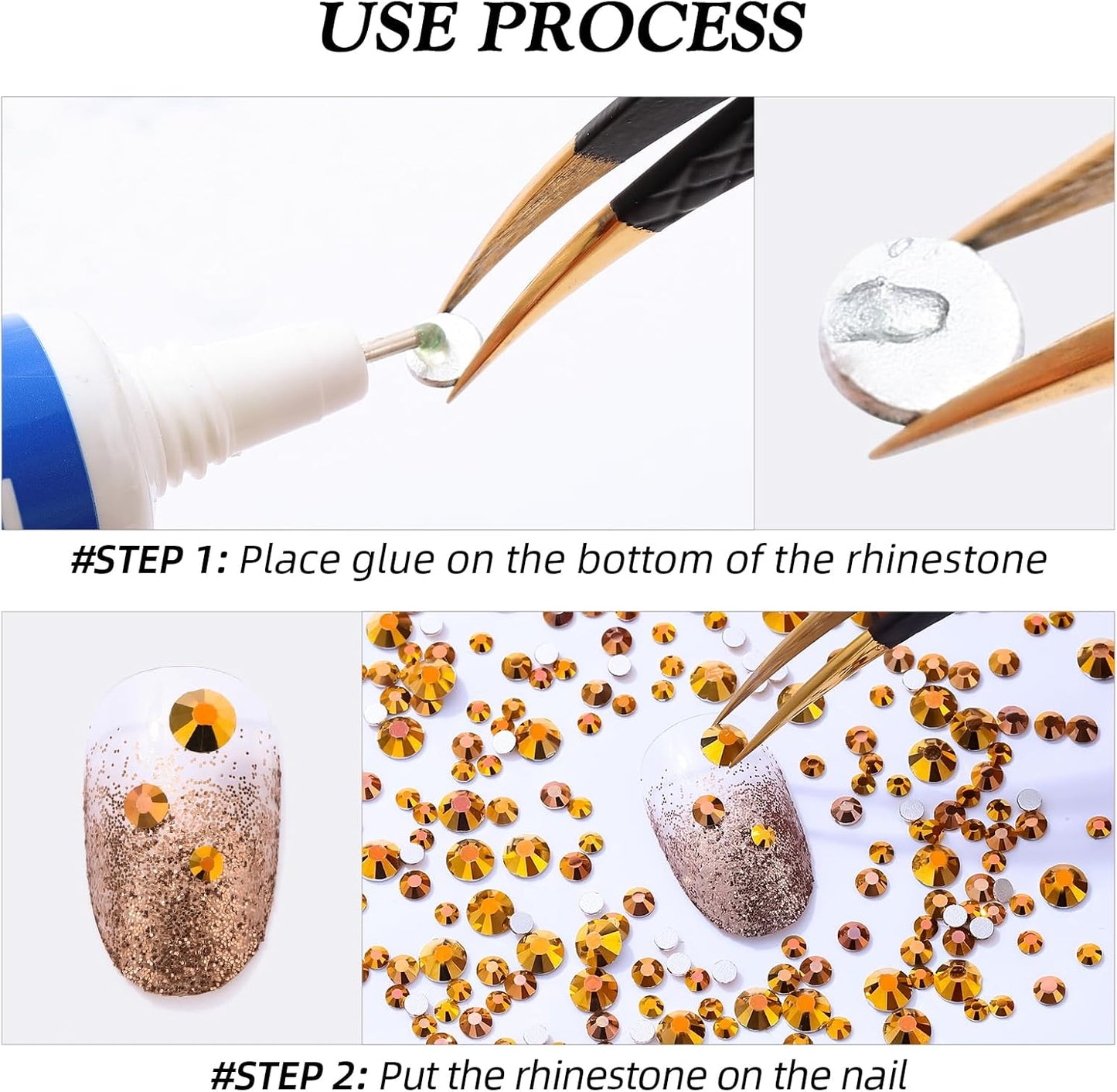 Gold Flatback Rhinestones, Glass Rhinestones for Nail Art and Craft, Glue Fix, Loose Crystal Gemstones(Gold, SS8, 1440pcs, 2.3-2.5mm)