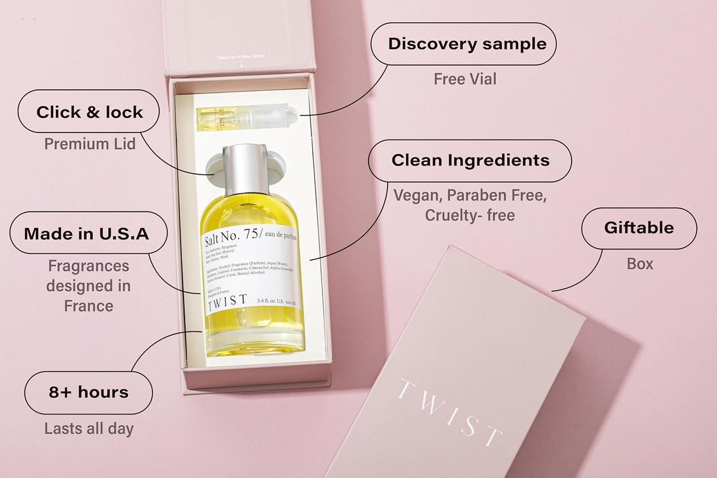 Twist Salt No. 75 - Eau De Parfum Inspired by J. Malone Wood Sage & Sea Salt, Long-Lasting Perfume For Women & Men, Paraben Free, Vegan, Clean Ingredients, Unisex - Spray 100 ml | 3.4 fl. oz.