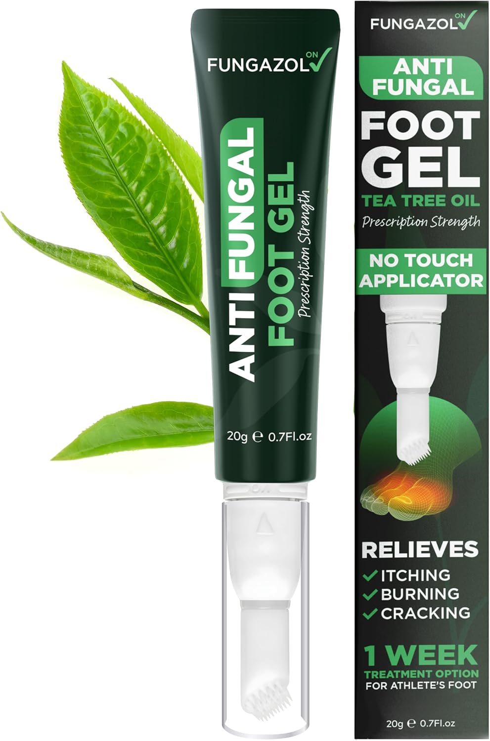 Tea Tree Oil Antifungal Foot Gel | Relieves Jock Itch, Athlete’s Foot & Ringworm | Soothes Itching & Burning | Moisturizes Dry, Cracked Feet | No-Touch Applicator | 1-Week Treatment Option | 20g