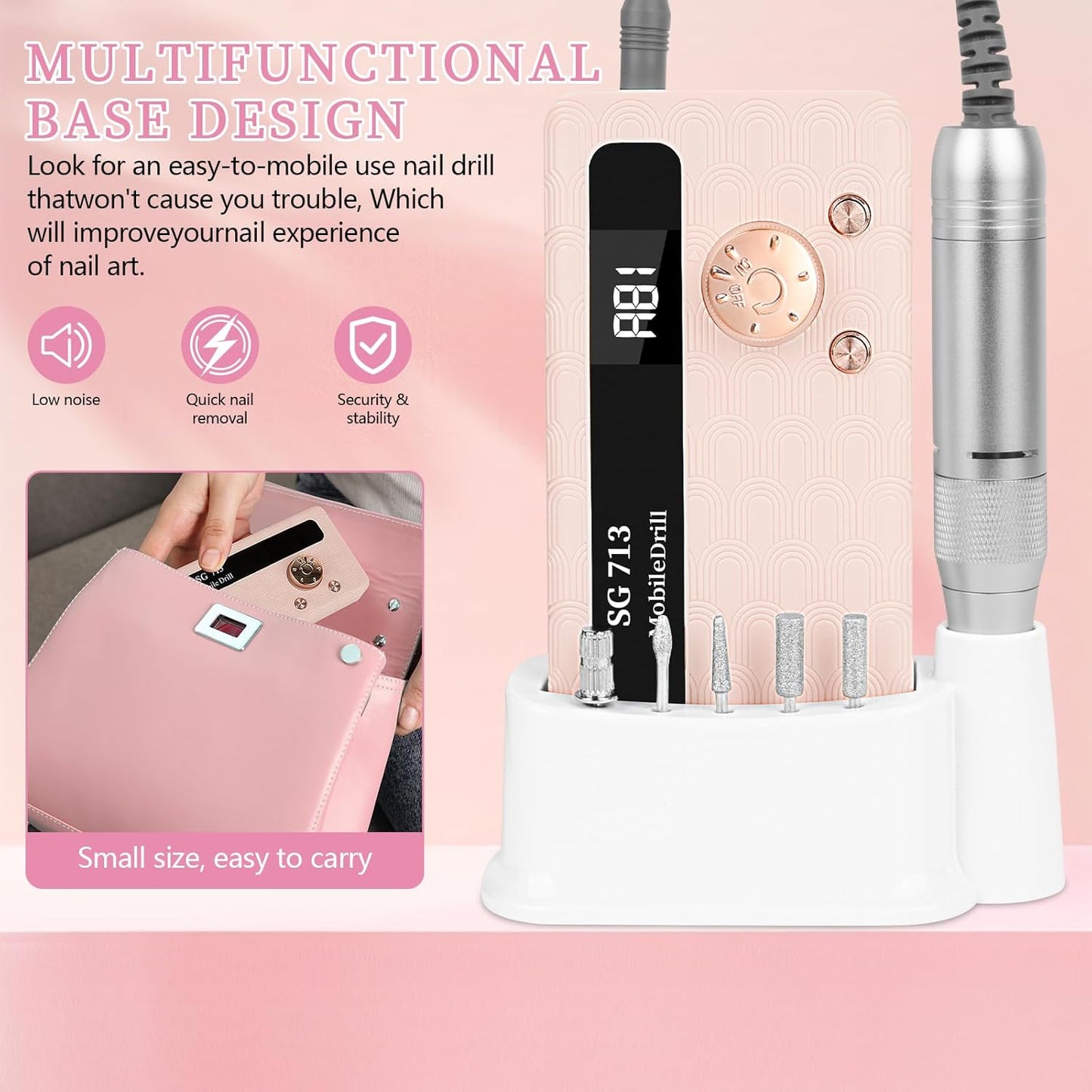 Electric Nail File Professional Kit - 45000RPM Portable Nail Drill Electric File with 11 Bits & Base丨LED Screen丨Ultra-Silent, Rechargeable Nail Drills Machine for Acrylic Nails Gel Polishing (Pink)
