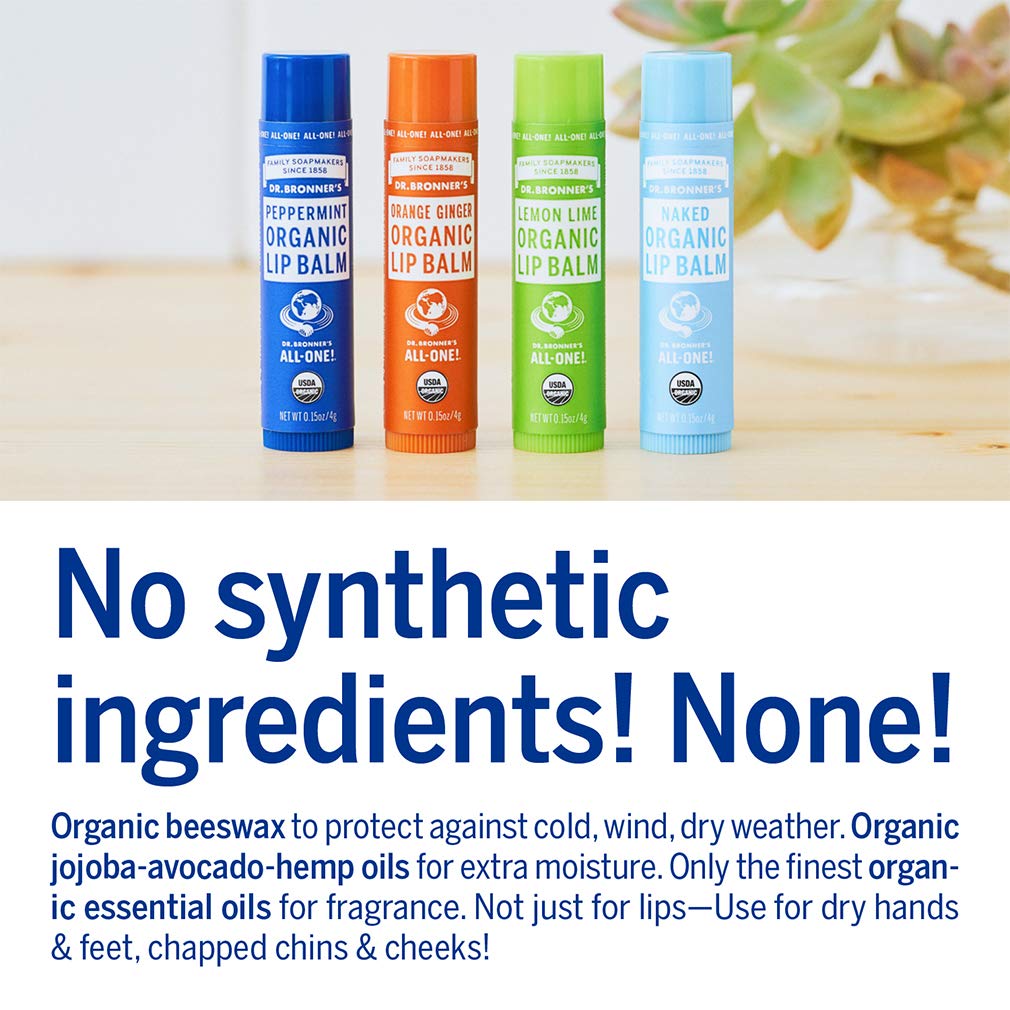 Dr. Bronner’s Organic Lip Balm 6-Pack (.15oz) Natural, Moisturizing, Petroleum-Free Lip Balm with Beeswax & Avocado Oil for Dry Lips, Men & Women - Orange Ginger