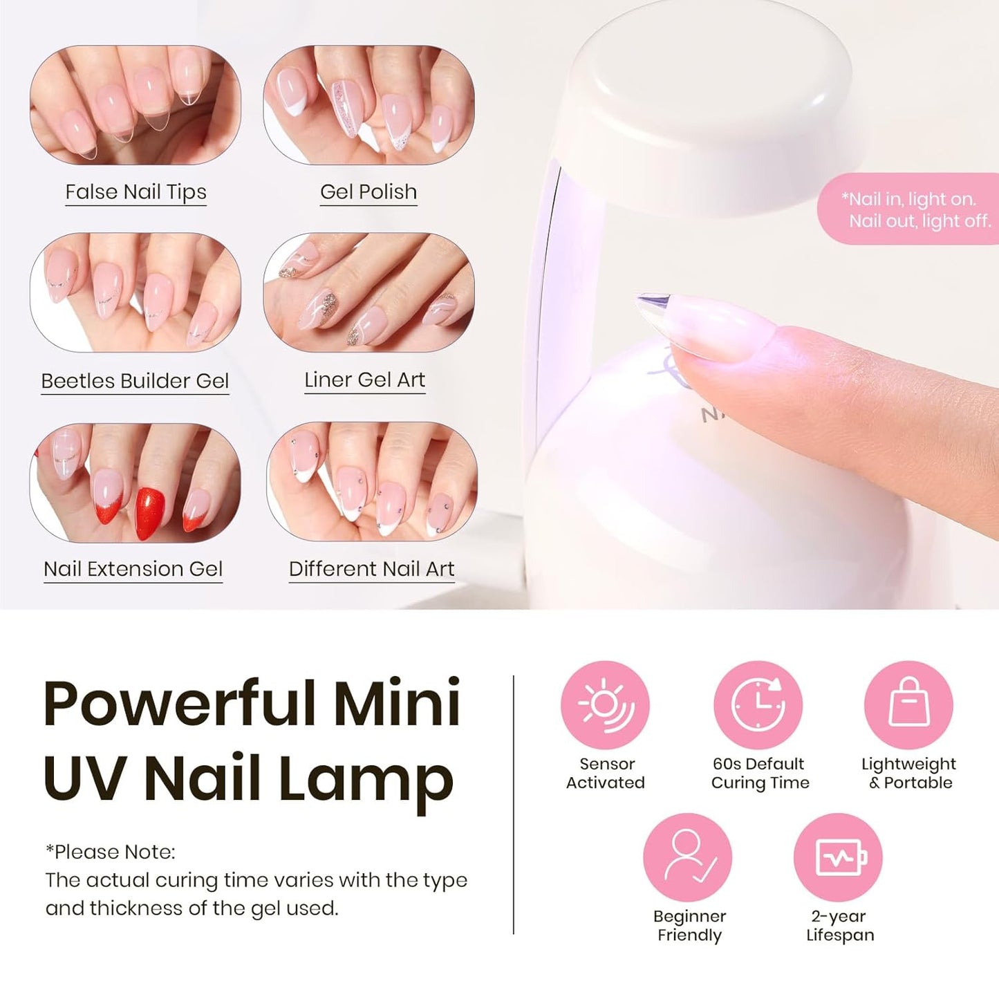 Beetles Tipex Instant Apex Nail Tips Kit, Almond Short, 224Pcs 16 Sizes, with Tipex UV Nail Glue Mini Nail Lamp,Pre-Building & Pre-Etched Thicker Acrylic Nails False Nail Extension