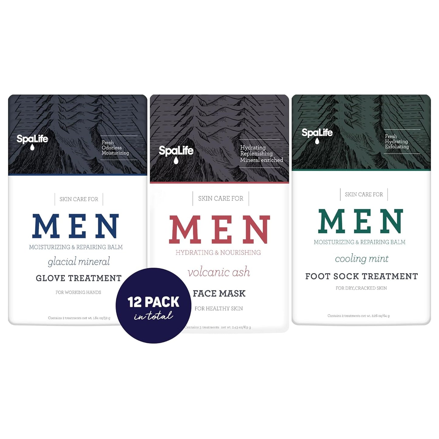 SpaLife Men's 12-Piece Spa Set: Repairing Hand Gloves for Dry Hands, Cooling Mint Foot Socks for Cracked Heels, and Moisturizing Face Mask Ultimate Men Grooming and Relaxation Gift Kit