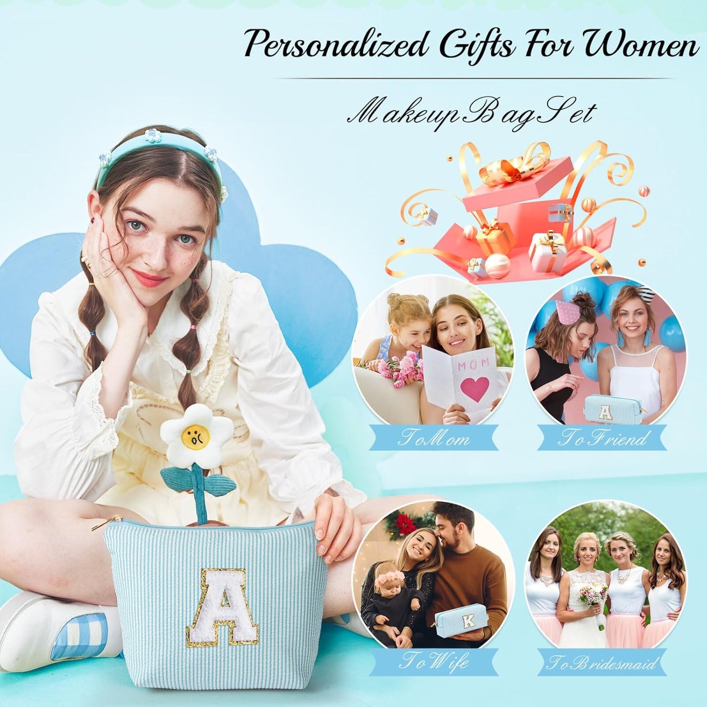 YOOLIFE Initial Makeup Bag for Girls Women - Skin Care for Teens 10-12 | Make Up Bag | Trendy Stuff for Tween Girls & Women | Graduation & Mothers Day Gifts