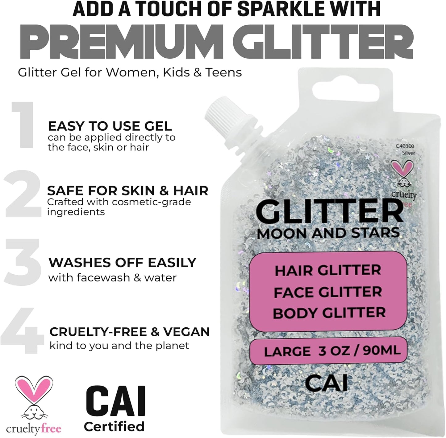 Face, Body & Hair Glitter Gel – Halloween Glitter for Kids and Women – 3 Oz Cosmetic-Grade Gel w/Moon & Stars for Festivals & Halloween Party, Easy Apply & Wash Off - Pink 1Pack