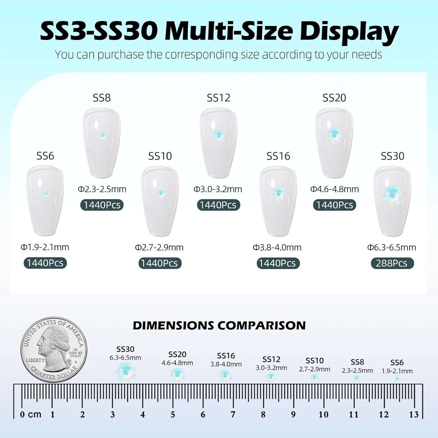 F White Flatback Rhinestones, Glass Rhinestones for Nail Art and Craft, Glue Fix, Loose Crystal Gemstones(F White, SS12, 1440pcs, 2.9-3.0mm)