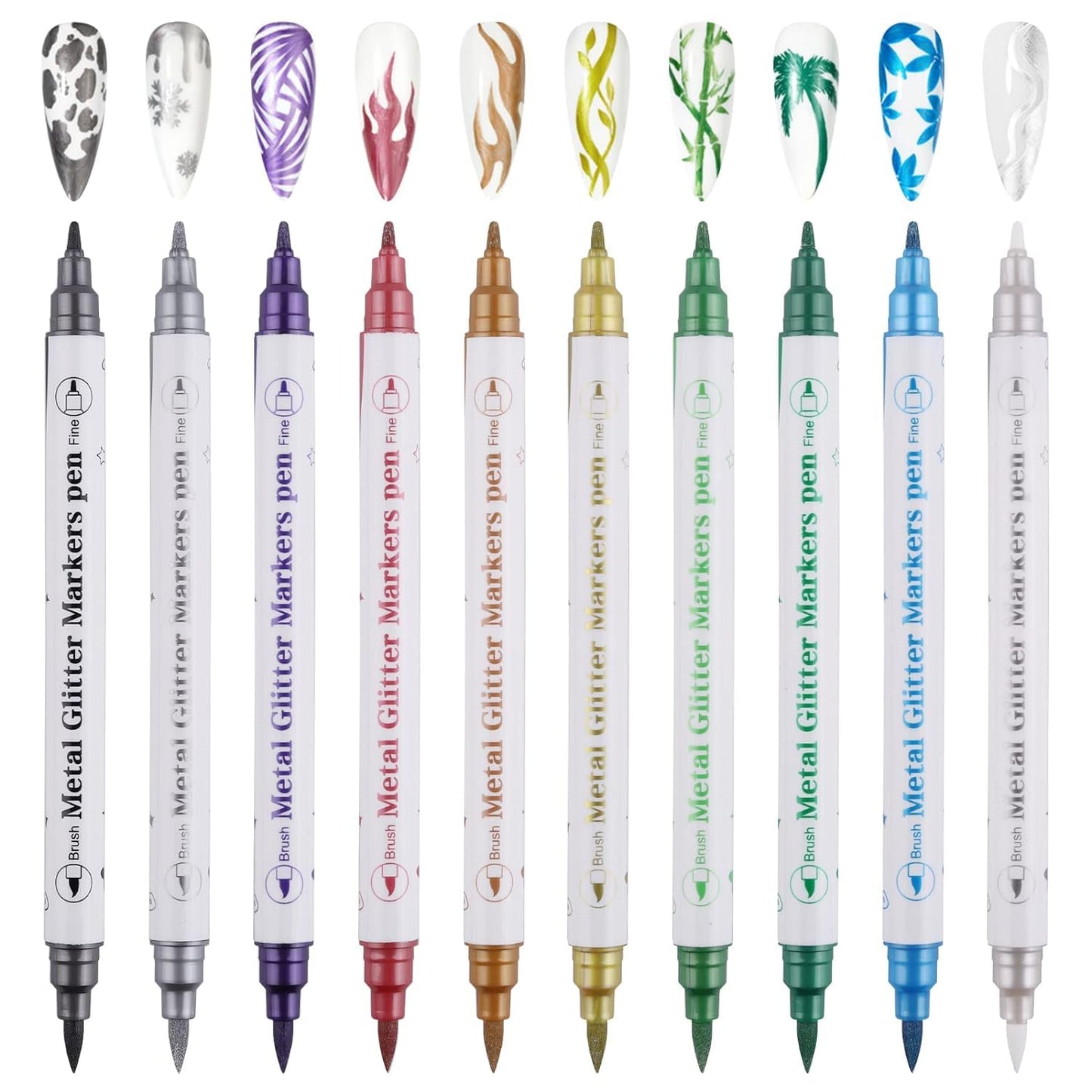 10 Color Metal Giltter 3D Nail Art Pens Set, Kalolary Double-ended Nail Point Dotting Pen Drawing Painting Liner Brush for DIY Nail Art Beauty Adorn Manicure Tools(G)