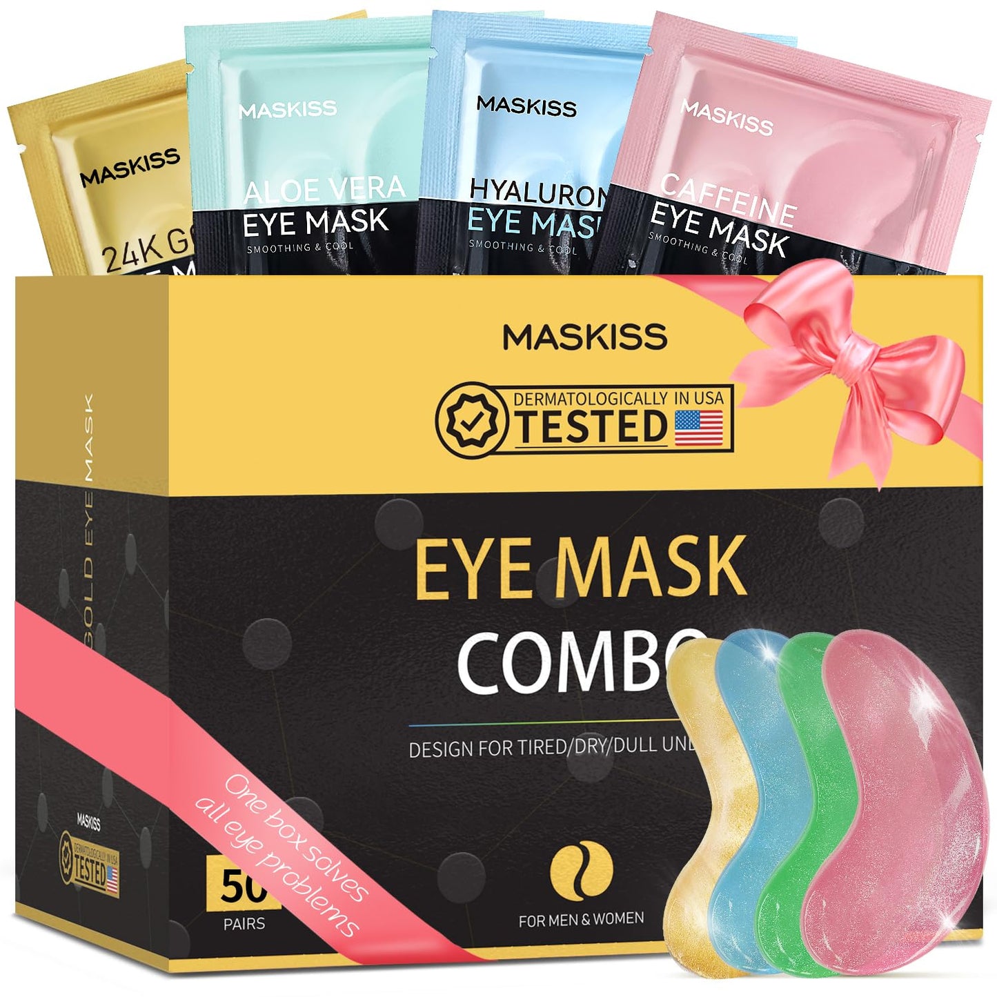 Under Eye Patches(50 Pairs), 24K Gold, Caffeine, Hyaluronic Acid, Aloe Vera Eye Masks for Dark Circles Puffy Eyes Undereye Bags, Eye Skin Care Gift Set for Bachelorette Party Favors