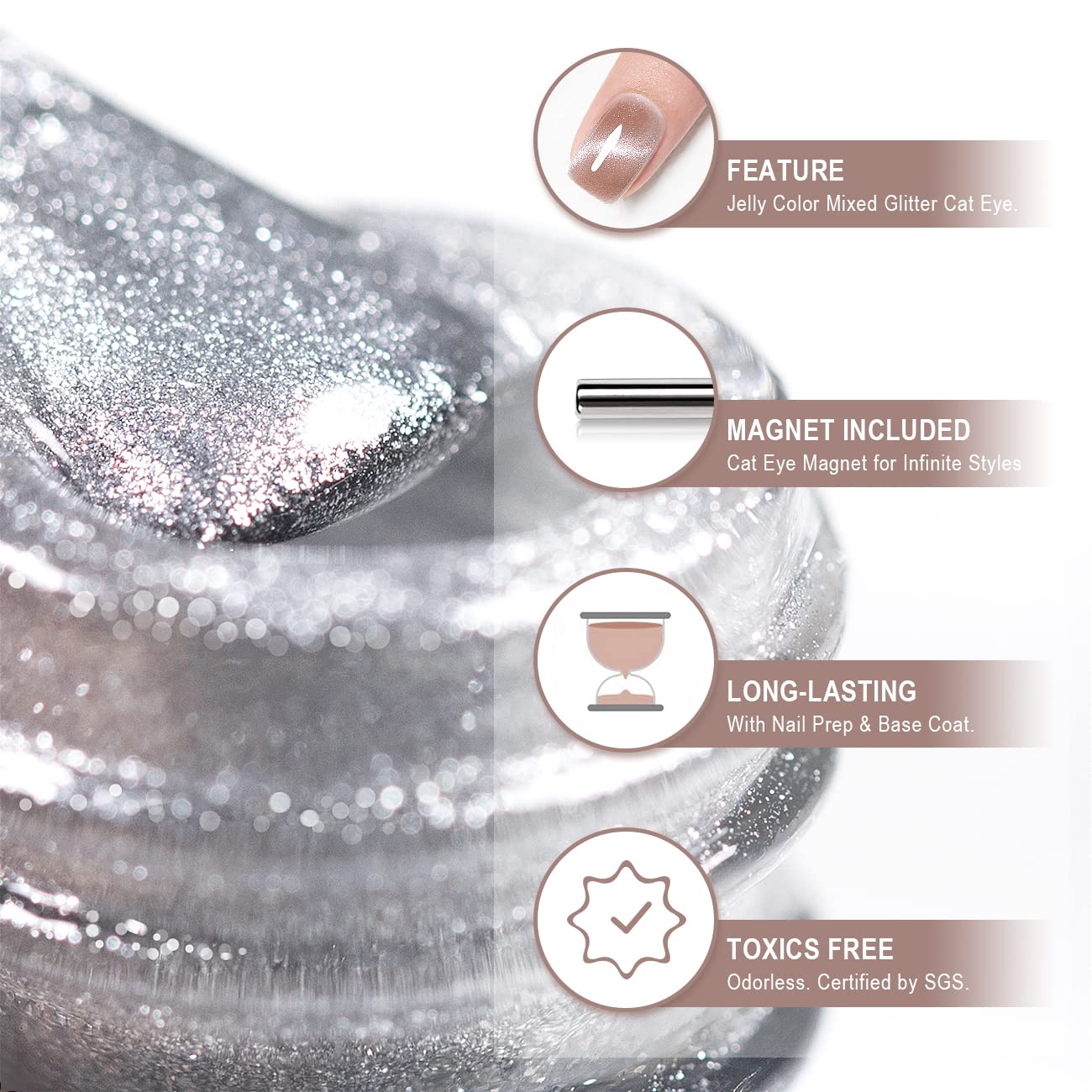 RARJSM Cat Eye Gel Nail Polish Purple Nude Gray Silver Glitter 15ml 9D Cateye Galaxy Universal Shimmer Velvet Ice Gel Polish Single Bottle with Magnetic Stick UV LED Curing Require Soak Off Home Salon