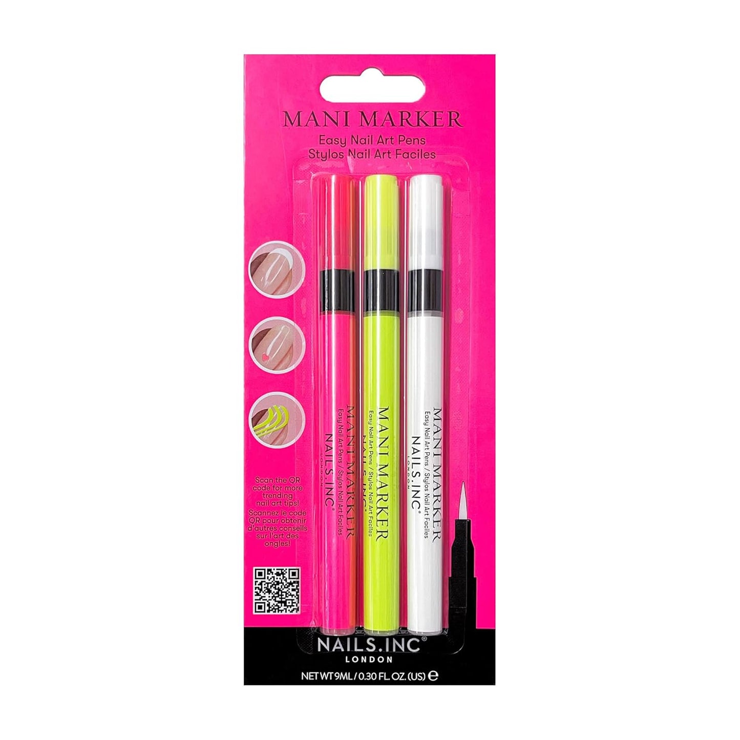 Nails Inc Neon Mani Marker Nail Art Pen Trio, DIY Nail Drawings, Fine Tip, Thin Brush, No Bleed, Manicure Tools, Drawing & Painting, Long Lasting, Vegan, Cruelty Free, Nail Art Pen, 3 Piece Set