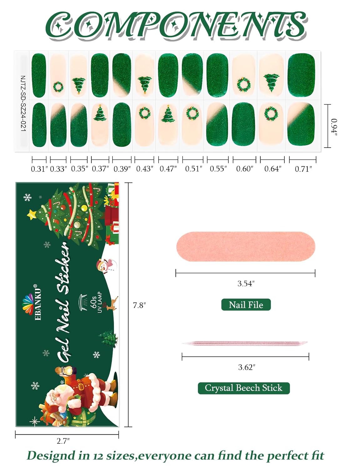 EBANKU 24PCS Christmas Semi-Cured Gel Nail Strips, Christmas Tree Christmas Wreath Adhesive Gel Nail Art Sticker, Waterproof Gel Nail Wrap Stickers with Nail File and Stick（UV/LED Lamp Required）