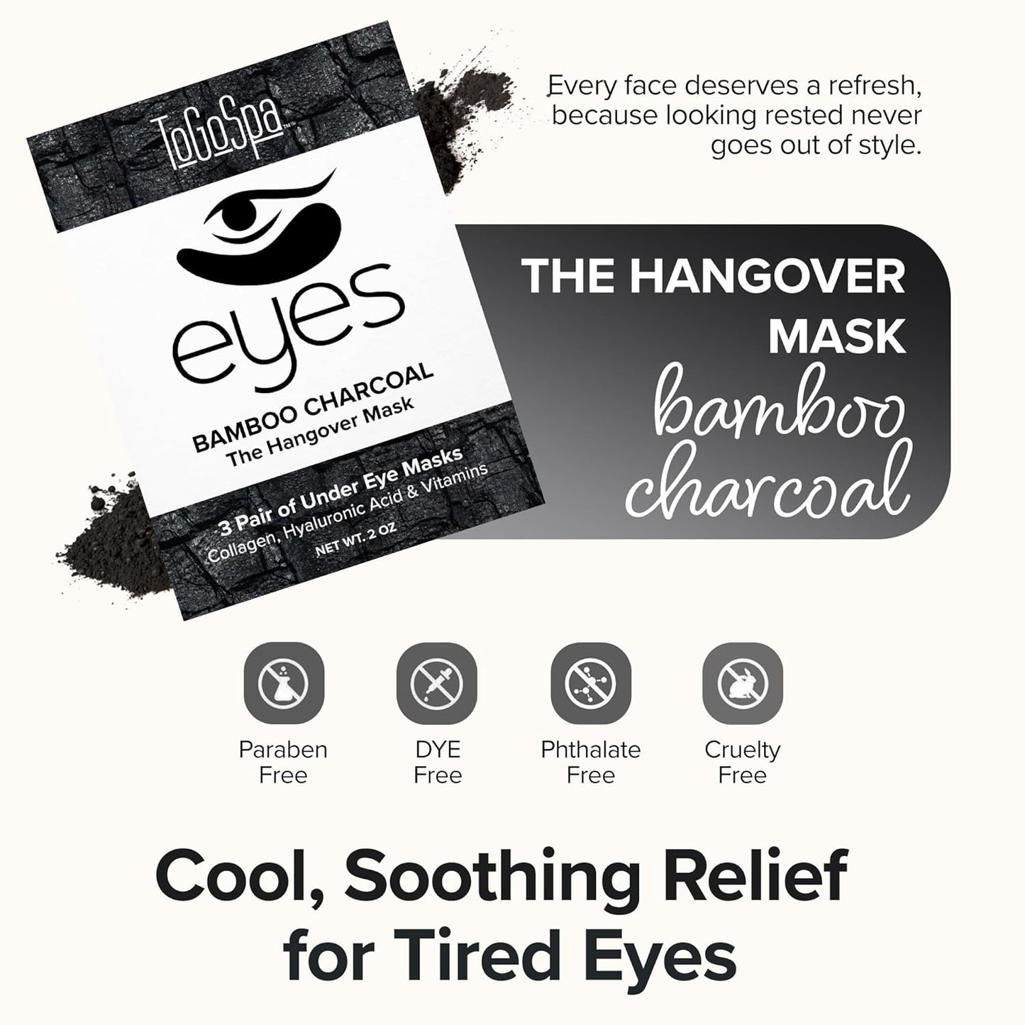 ToGoSpa, Bamboo Charcoal Under Eye Repair Mask, Collagen Under Eye Patches, Enriched With Ale Vera, Hyaluronic Acid, Lightens Skin Tone And Soothes Redness And Puffiness, Pack Of 6