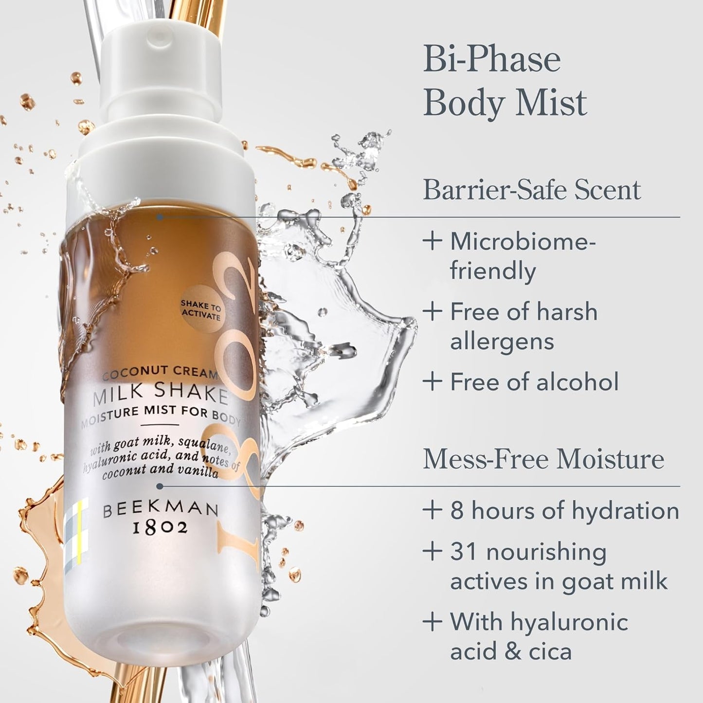 Beekman 1802 Milk Shake Body Mist - Coconut Cream 2 fl oz - Hyaluronic Acid, Jojoba Oil, Instantly Moisturizes, Hydrates & Softens, Good for Sensitive Skin, Cruelty Free