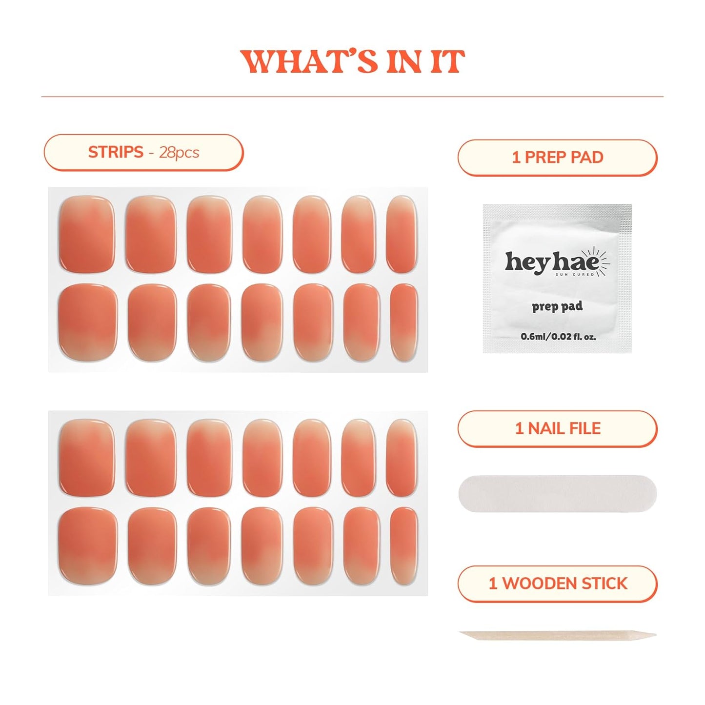Semi Cured Gel Nail Strips | No LED Lamp Needed | Ombre, Orange, Spring | Easy Apply & Remove, Salon Quality |Includes 28 Strips, 1 Prep Pads, Nail File & Wooden stick - Hey, You're My Sunshine