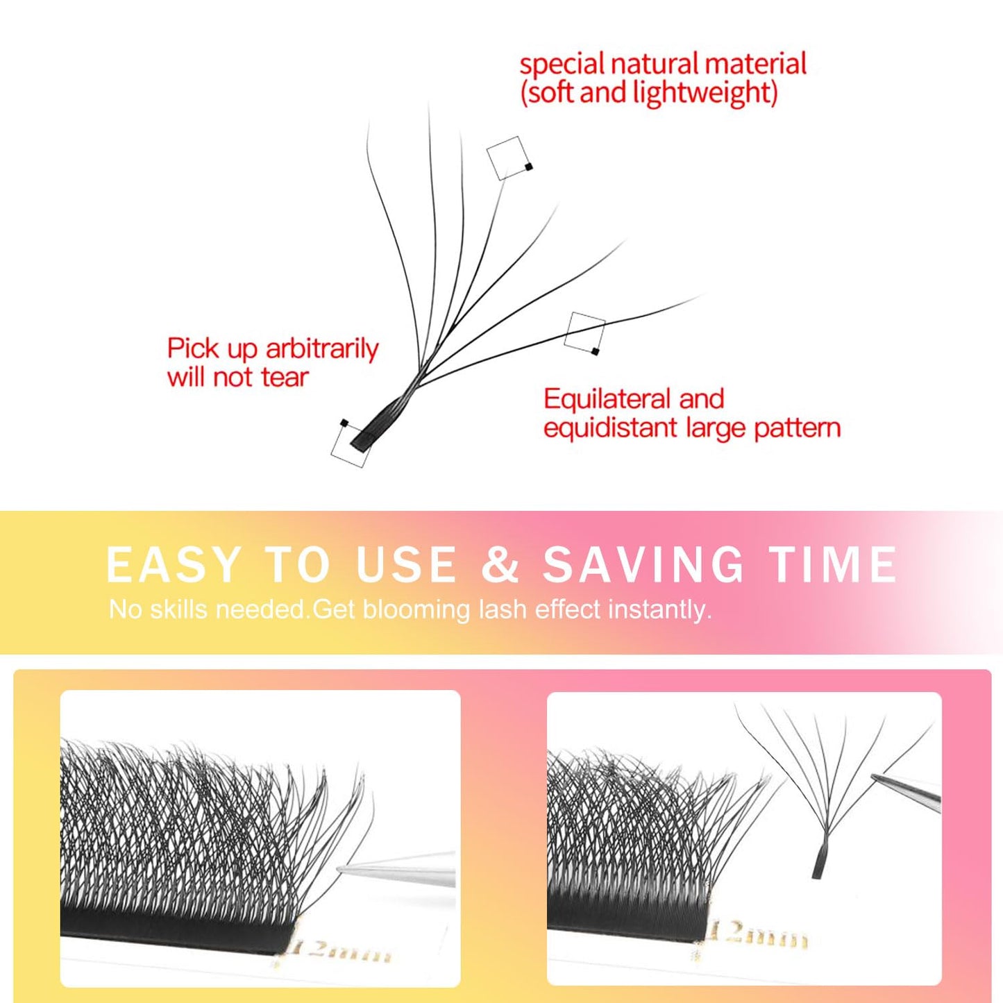 W Lash Extensions Supplies 7D Eyelash Extensions W Shape 0.07mm Thickness C Curl 12mm Premade Fans Easy Fan Lashes Volume Matte Black 12 Rows Crisscross Eye Lashes(W-7D-0.07-C,12mm)