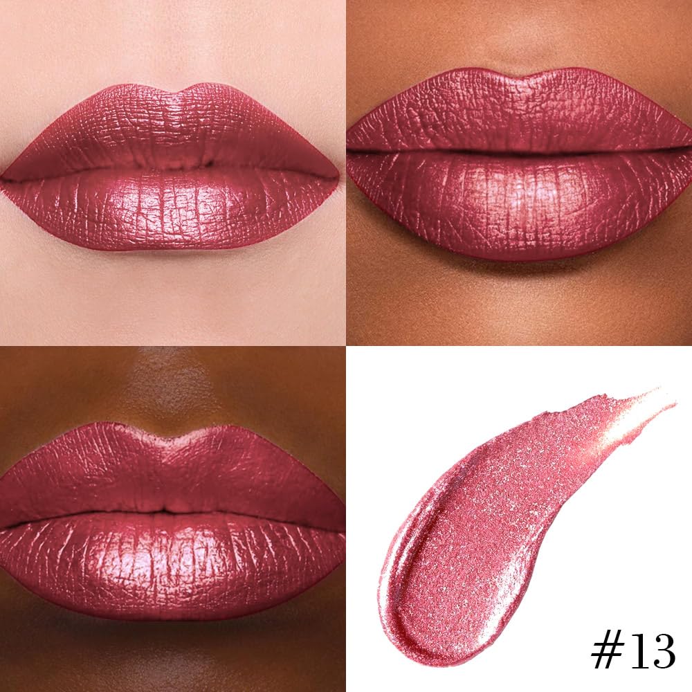 evpct Mauve Red Metallic Glitter Lip Liner and Lipstick Combo Lip Gloss Stain Set Makeup for Women Long Lasting Waterproof 24, Red Metallic Shimmer Frosted Iridescent Glossy Liquid Lipstick 13