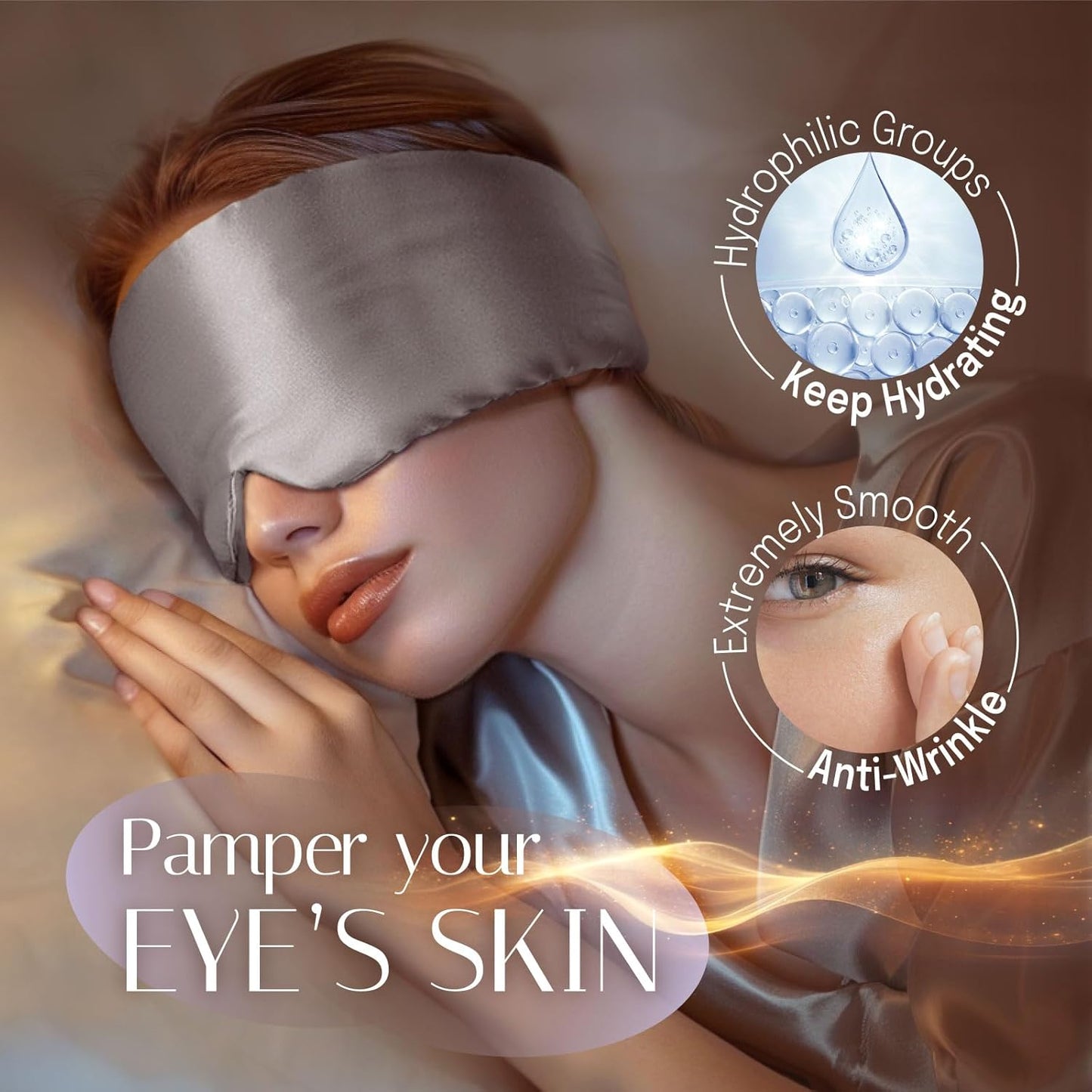 Silk Sleep Mask Soft Pressureless: 100% Mulberry Silk for Eye Skin Anti Wrinkles, Large Size for Total Blackout, Adjustable Wide Velcro Ear Cover