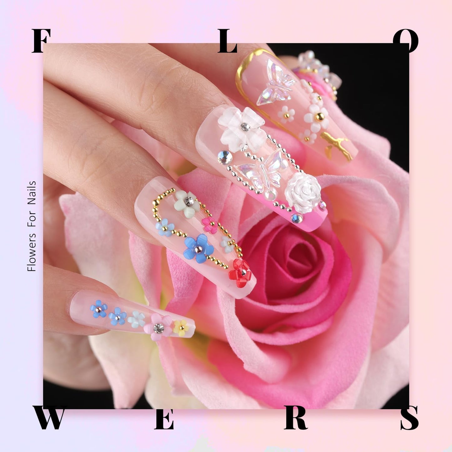 3D Flowers, Manicure Kit with Nail Rhinestone Glue Gel, Colorful Acrylic Flower Nail Charms with Caviar Beads, Rhinestones for Nails + Gem Glue for Nails (UV/LED Needed) with Pickup & Dotting Tools