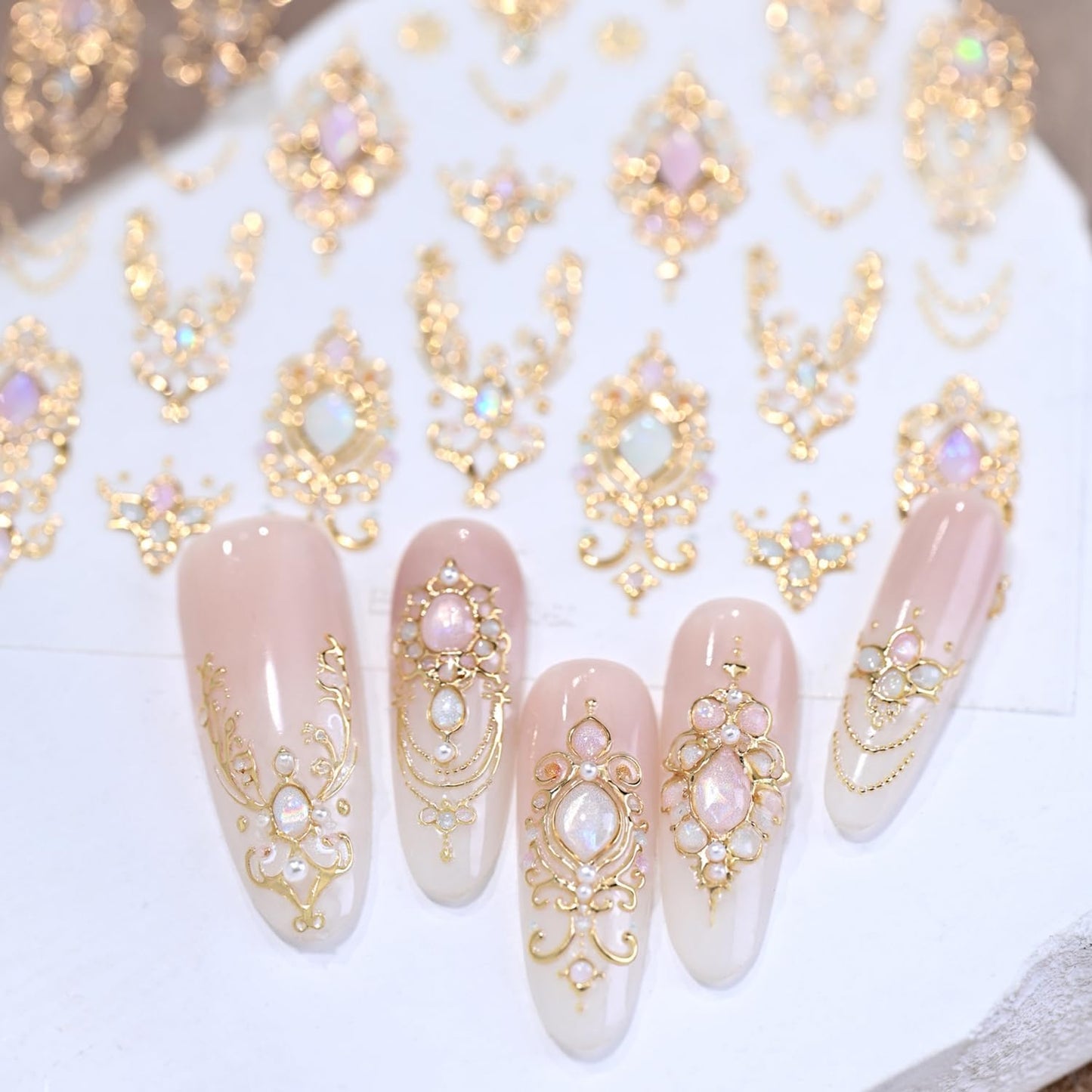 1 Sheets Gold Nail Stickers for Nail Art Holographic Laser Embossed Nail Art Stickers Gems Designs Nail Decals 5D Self-Adhesive Summer Fall Nail Decoration for Women Nail Supplies