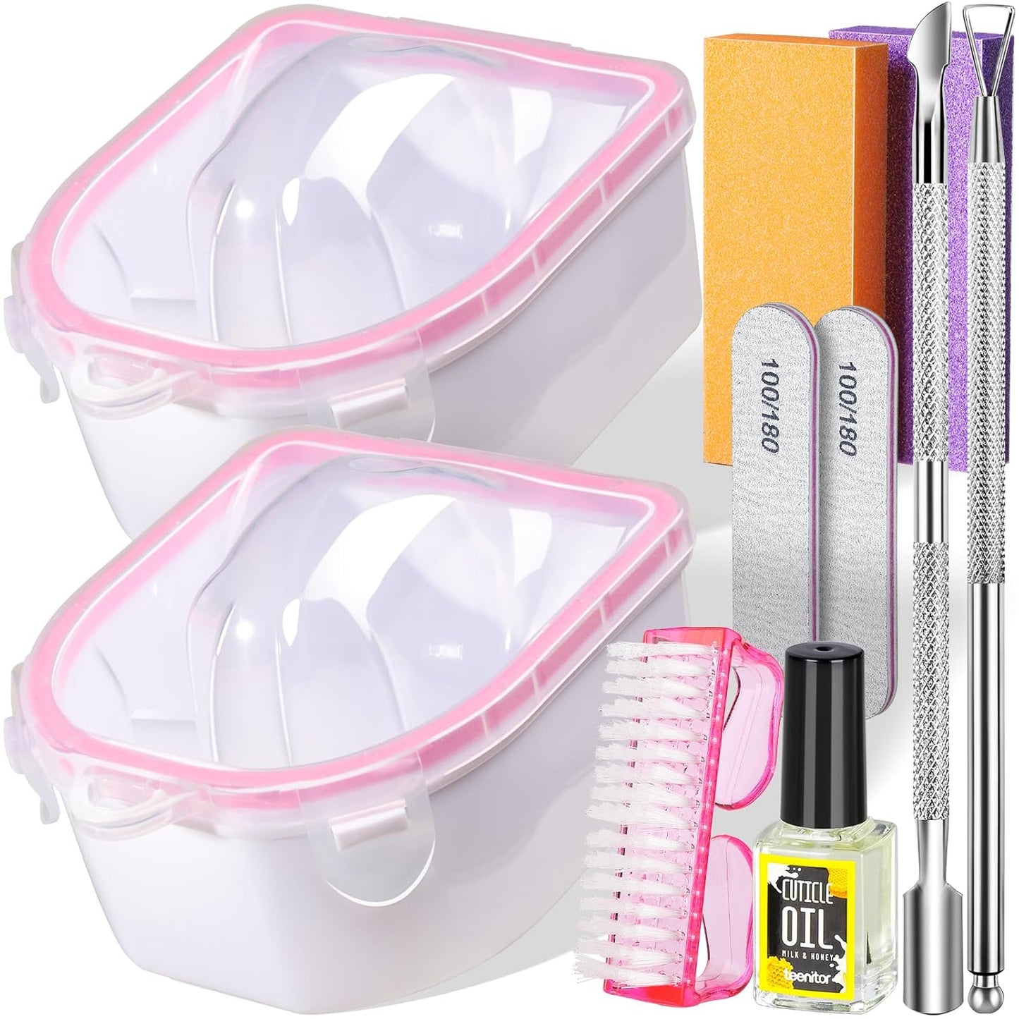Teenitor 10Pcs Nail Soaking Bowl Kit 2 Soak Off Bowl Nail Soaking Bowl Acetone Proof Soak Off Gel Polish Remover Bowl, Manicure Bowl Cuticle Peeler Scraper Cuticle Oil Nail File and Buffer Nail Brush