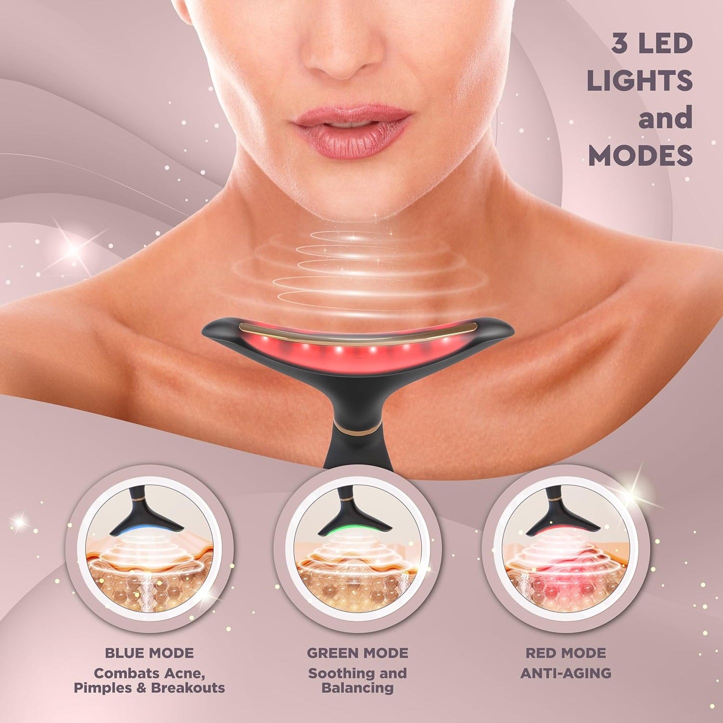 GLO24K Red Light for Face & Neck Beauty Device - 3 in 1 Facial Massager Tool and Neck Care Device for Turkey Neck, Anti Wrinkle, Face and Neck Massager for Women