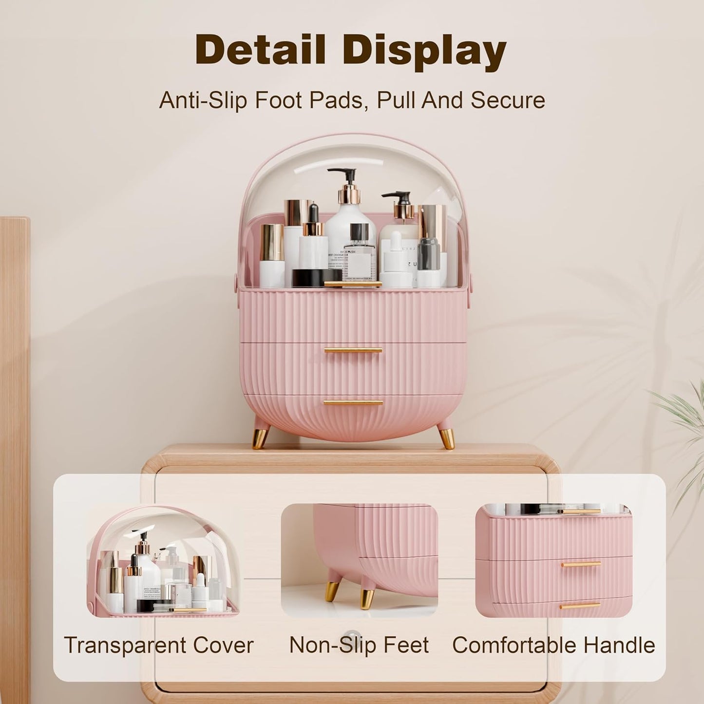 Makeup Organizer for Vanity Cosmetics Skincare Organizers with Lid and Drawers Display Cases for Countertop (Pink)