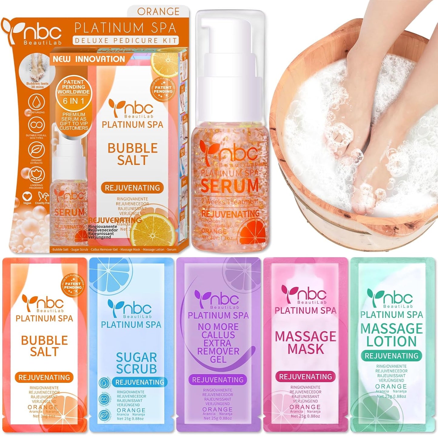 Pedicure Foot Soak Set - Upgraded 6 in 1 Foot Spa, Foot Bath Spa, Pedicure Kit for Tired & Dry Cracked Feet, Athletes Feet, Bad Odor, Softens Calluses (Orange)