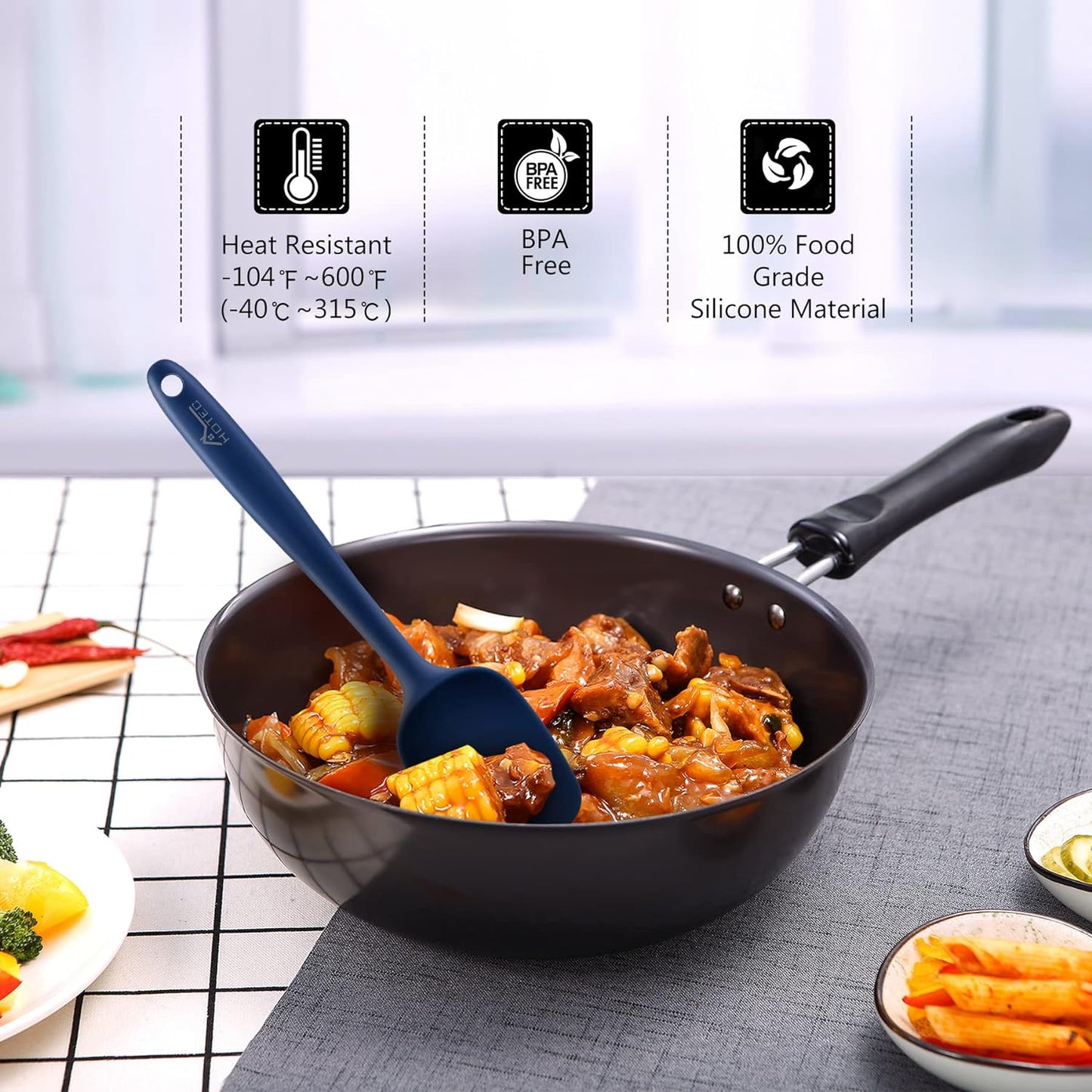 HOTEC 600℉ Heat Resistant BPA-Free Silicone Rubber Spatula Set, Kitchen Cooking Spatulas, Baking, Mixing, for Non Stick Cookware, Dishwasher Safe, Classic Blue Set of 5