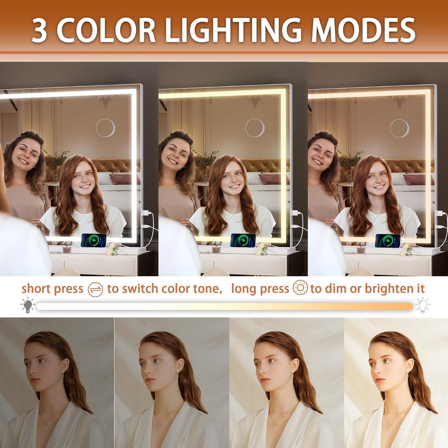 Hasipu Vanity Mirror with Lights, 47" x 30" LED Makeup Mirror, Lighted Makeup Mirror with Dimmable 3 Modes, Touch Screen Control Vanity Mirror Square White