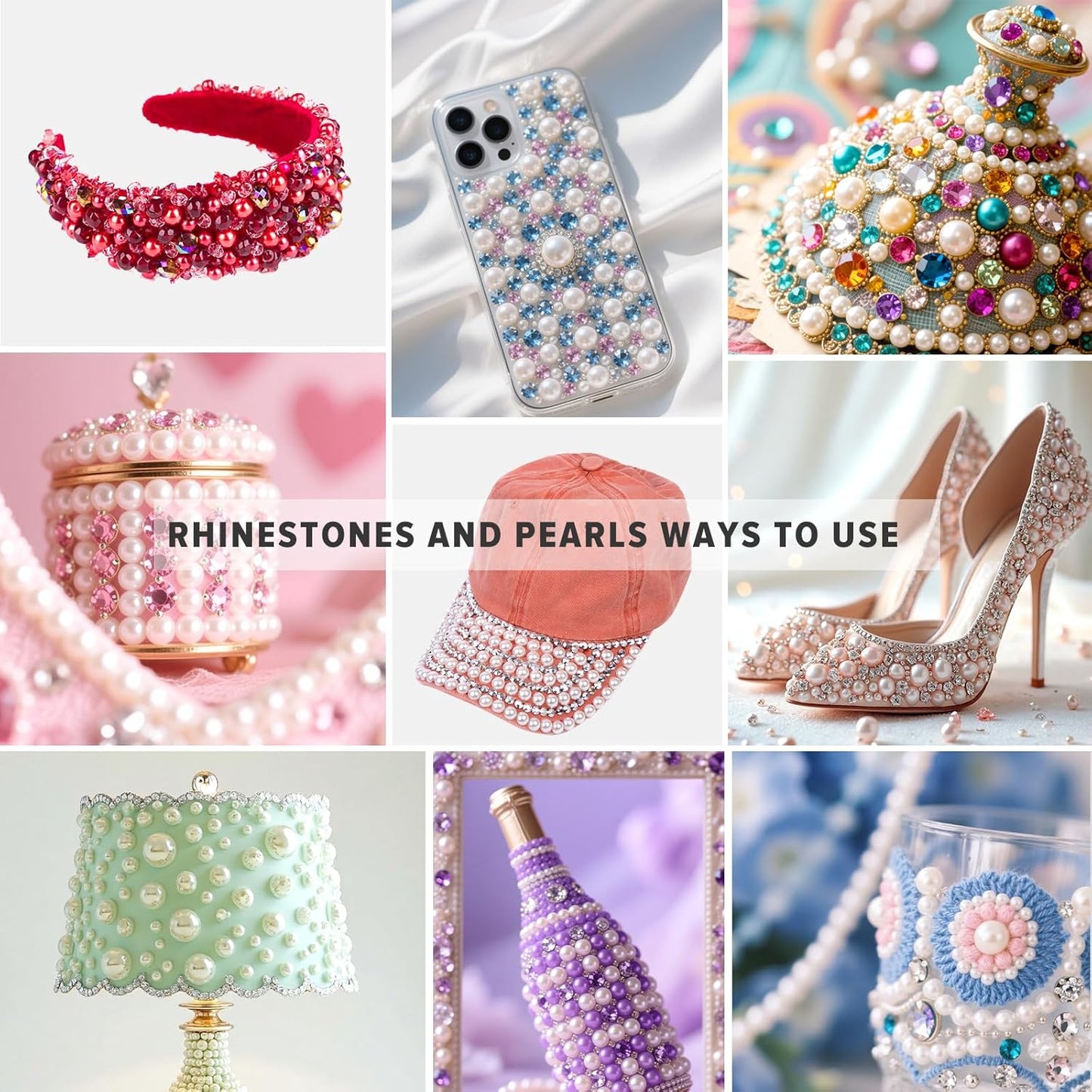 80g Mix Flatback Pearls and Rhinestones for Crafts Pink Brown Mixed Size 2mm-10mm Half Round Pearls Rhinestones for Nail Art Tumblers Shoes DIY Bedazzling with Tweezers Wax Pen