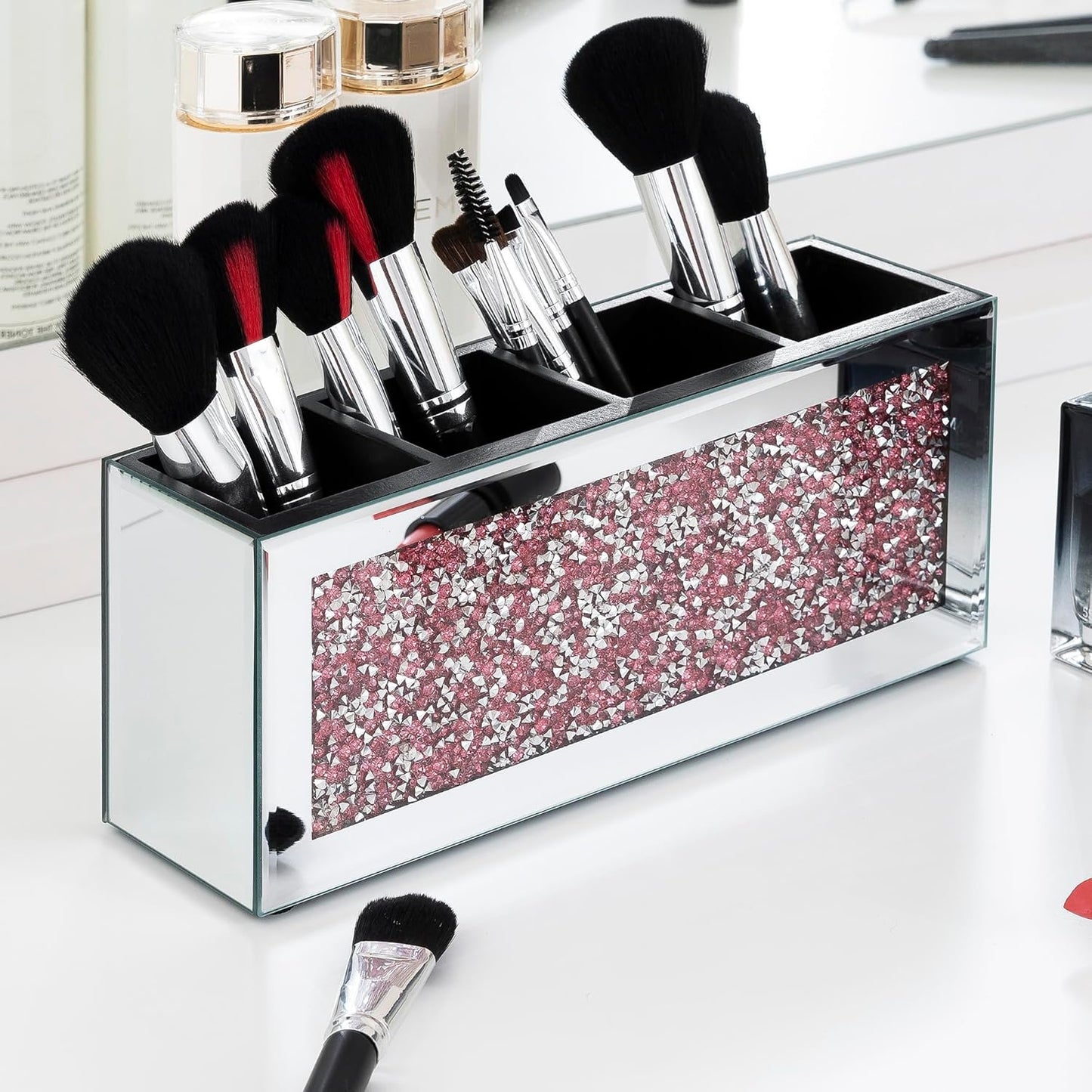 SHYFOY Mirrored Makeup Brush Holder, 4-Compartment Makeup Organizer with Pink Crushed Diamond, Vanity Cosmetics Organizer Solution, Pencil Holder Organizer for Desk