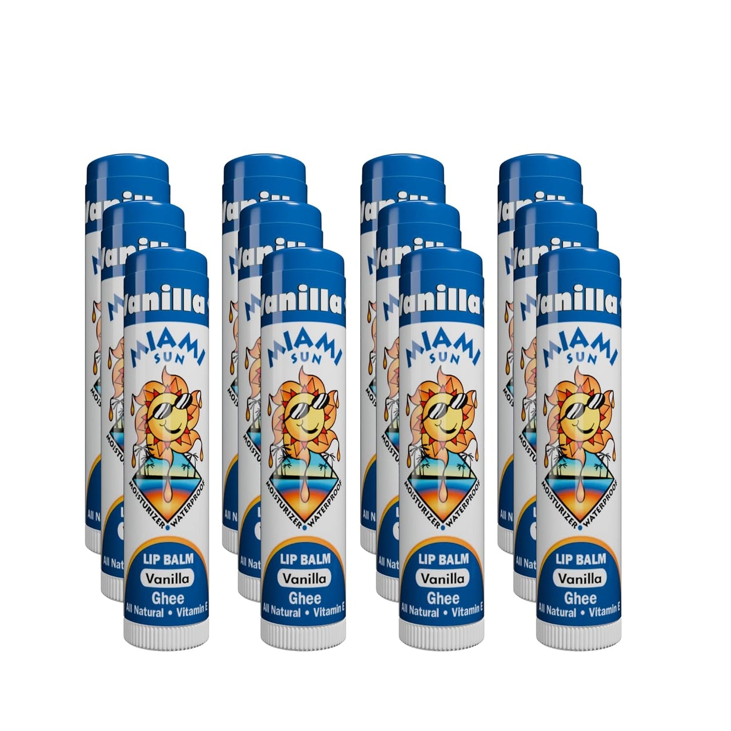Miami Sun Natural Ghee Lip Balm, Hydrating Lip Treatment with Shea Butter & Beeswax, Organic & Non-Toxic, Best for Dry, Chapped Lips - Moisturizing, Healing, Chemical-Free Lip Care (12 Count, Vanilla)