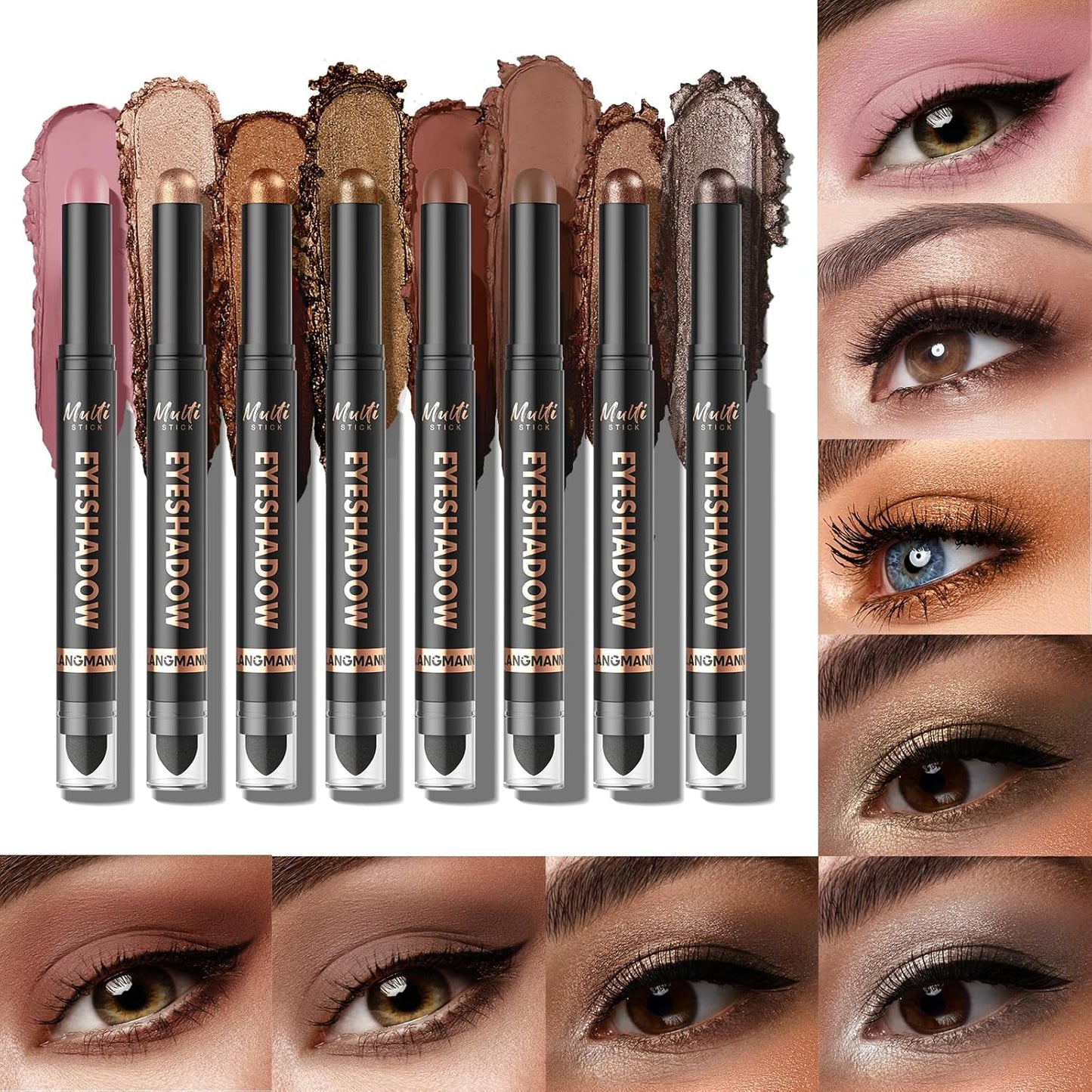 LANGMANNI 8Colors Dual-Ended Eyeshadow Stick Set – Silky Smooth, Waterproof & Transfer-Proof, Built-in Blender Brush, All-Day Matte & Shimmer Wear Eye Makeup(#B)