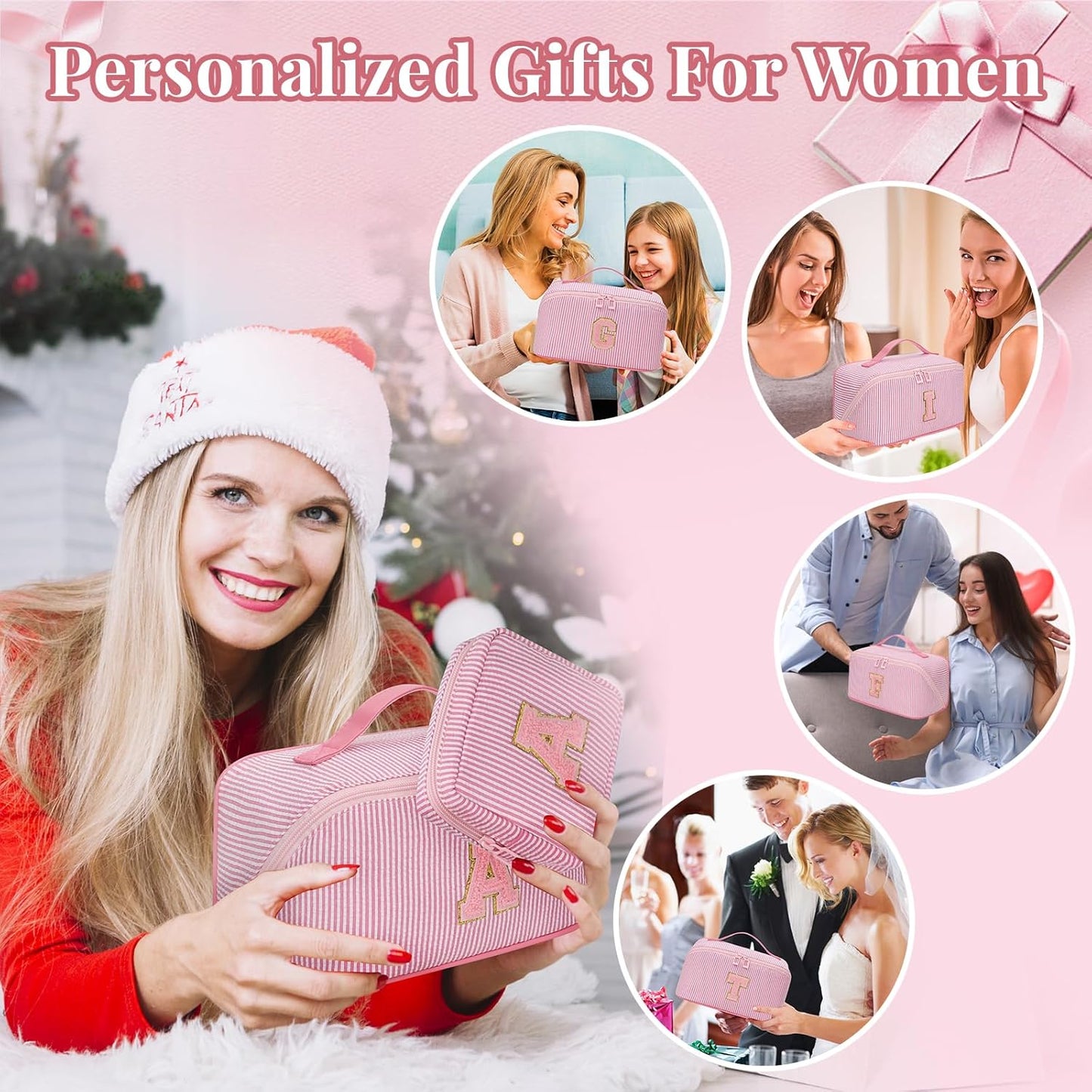Travel Makeup Bag for Women, 2Pcs Portable Personalized Initial Makeup Organizer Bag, Open Flat Large Cosmetic Bag With Travel Essential Pouch (Pink Letter Q)