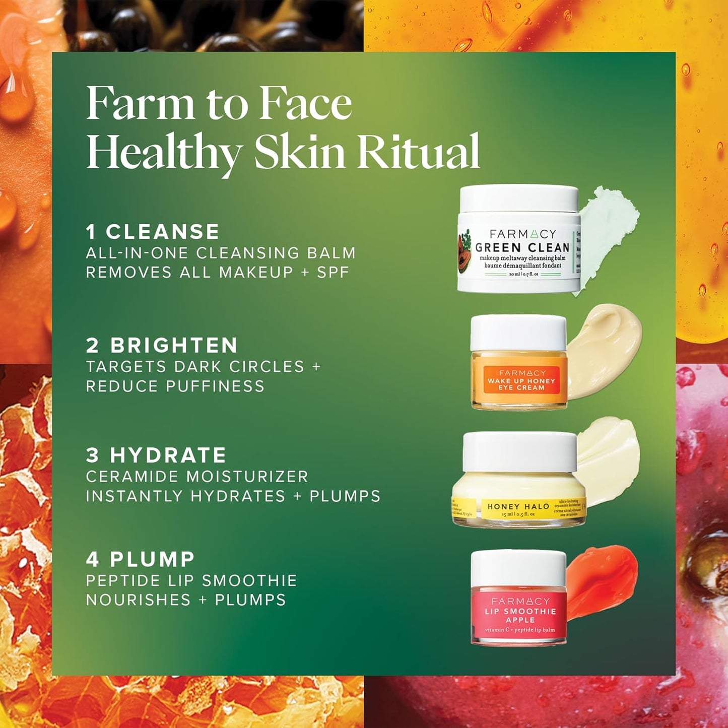 Farmacy Bestsellers Skin Care Set - Includes Green Clean Cleansing Balm, Wake Up Honey Eye Cream, Honey Halo Face Moisturizer + Lip Smoothie - Travel Size Skincare for Healthy, Glowing Skin (4 Count)