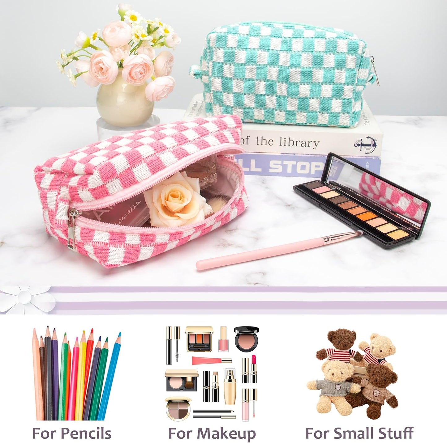 PAZIMIIK Checkered Makeup Bag for Purse Portable Zipper Make Up Pouch Small Cosmetic Case for Travel Accessories (6PCS Pink White)