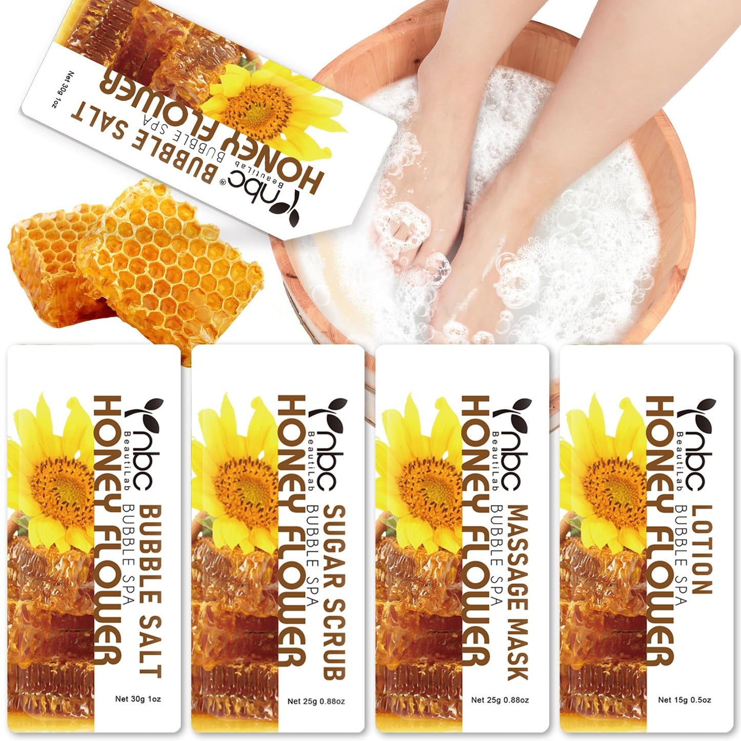 Pedicure Kit Foot Soak Set: Bubble Salt, Sugar Scrub, Massage Mask, Massage Lotion in a Box, 4 Step Foot Spa Kit for Dry Feet, Calluses and Tired Feet(1 Set Honey Flower)