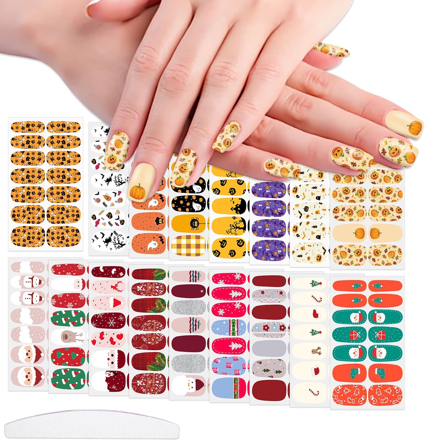 WOKOTO 20 Sheets Mixed Halloween Christmas Nail Polish Strips Full Nail Wraps Stickers for Women Nail Art Pumpkin Bat Ghost Witch Spider Halloween Nail Polish Stickers Gel Nail Wraps for Girls