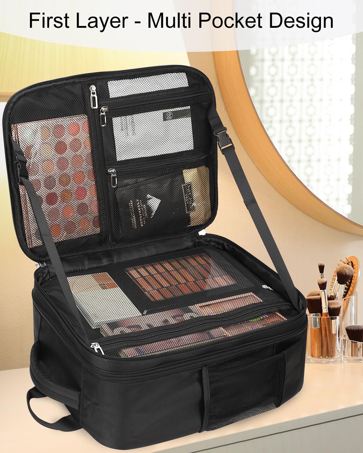 Makeup Backpack Makeup Artist Bag Professional Extra Large Cosmetic Bag Travel Train Case Storage Organizer Double-Layer Large Capacity Cosmetic Case with 4 Pouch(Black)