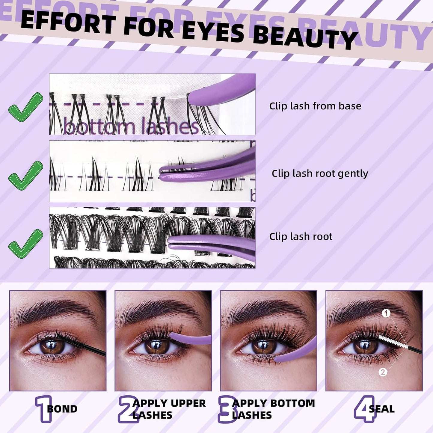B&Qaugen B&Q Eyelash Extension Kit with Bottom Lash Extension 10-18mm 40D D Curl Lash Clusters Kit with Bottom Lashes DIY Lash Extension Kit Bond and Seal Lash Applicator (Kit-40D-D-MIX10-18)