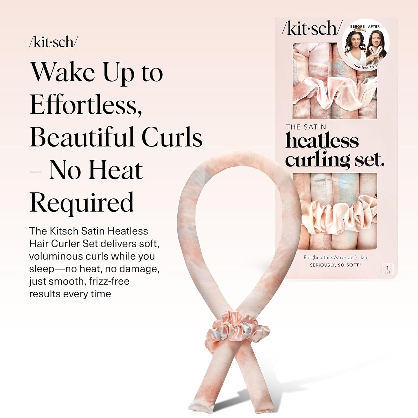 Kitsch Satin Heatless Curling Set – Heatless Curls Overnight with Hair Curler & 2 Satin Scrunchies – Hair Curlers to Sleep In for Overnight Curls – Overnight Blowout Rods – Sunset Tie Dye