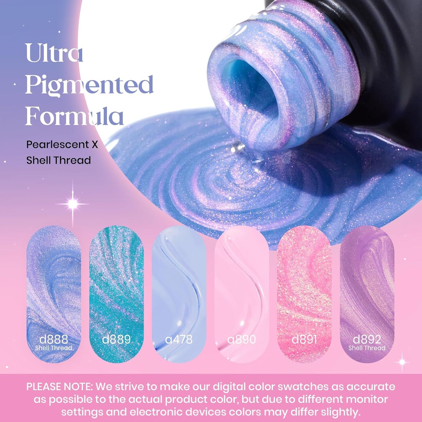 Beetles Shimmer Glitter Gel Nail Polish Set, 6 Colors Pearl Gel Polish Baby Blue Shimmer Baby Pink Glitter Purple Mermaid, Nail Drawing Soak Off Uv Led Swirl Gel Polish Shell Thread Gift for Women