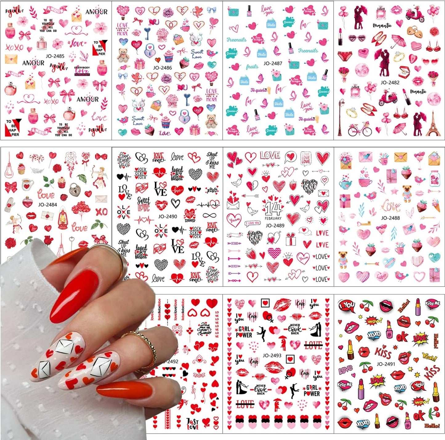 12 Sheets Valentine's Day Nail Art Stickers 3D Colorful Heart Nail Supplies Flaming Red Lips Love Angel Nail Art Design Valentines Nail Stickers Romantic Cupid Lover Nail Decals for Women Manicure
