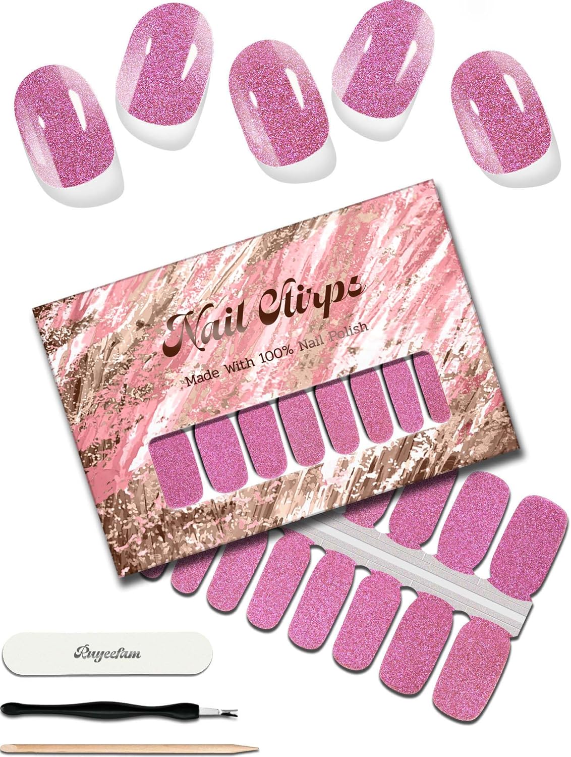 Glitter Nail Polish Strips, 32 Pcs Salon Quality Gel Nail Stickers, Long Lasting Wraps Easy to Use & Remove (Glitter Rose Pink)