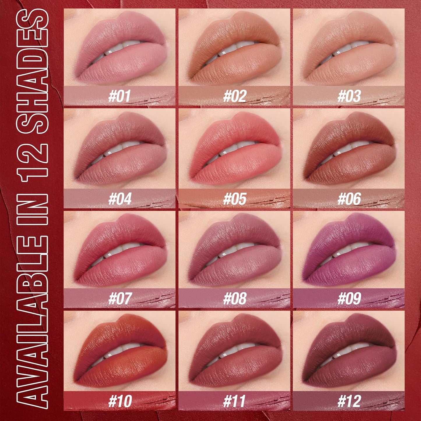 Jolilab 8Pcs Velvet Matte Lipstick Nude Matte Soft Dark Color Stick High Pigmented Long-Lasting Waterproof Lip Stick Lip Balm Beauty Cosmetics Gift for Girls and Women（7-12+1+5