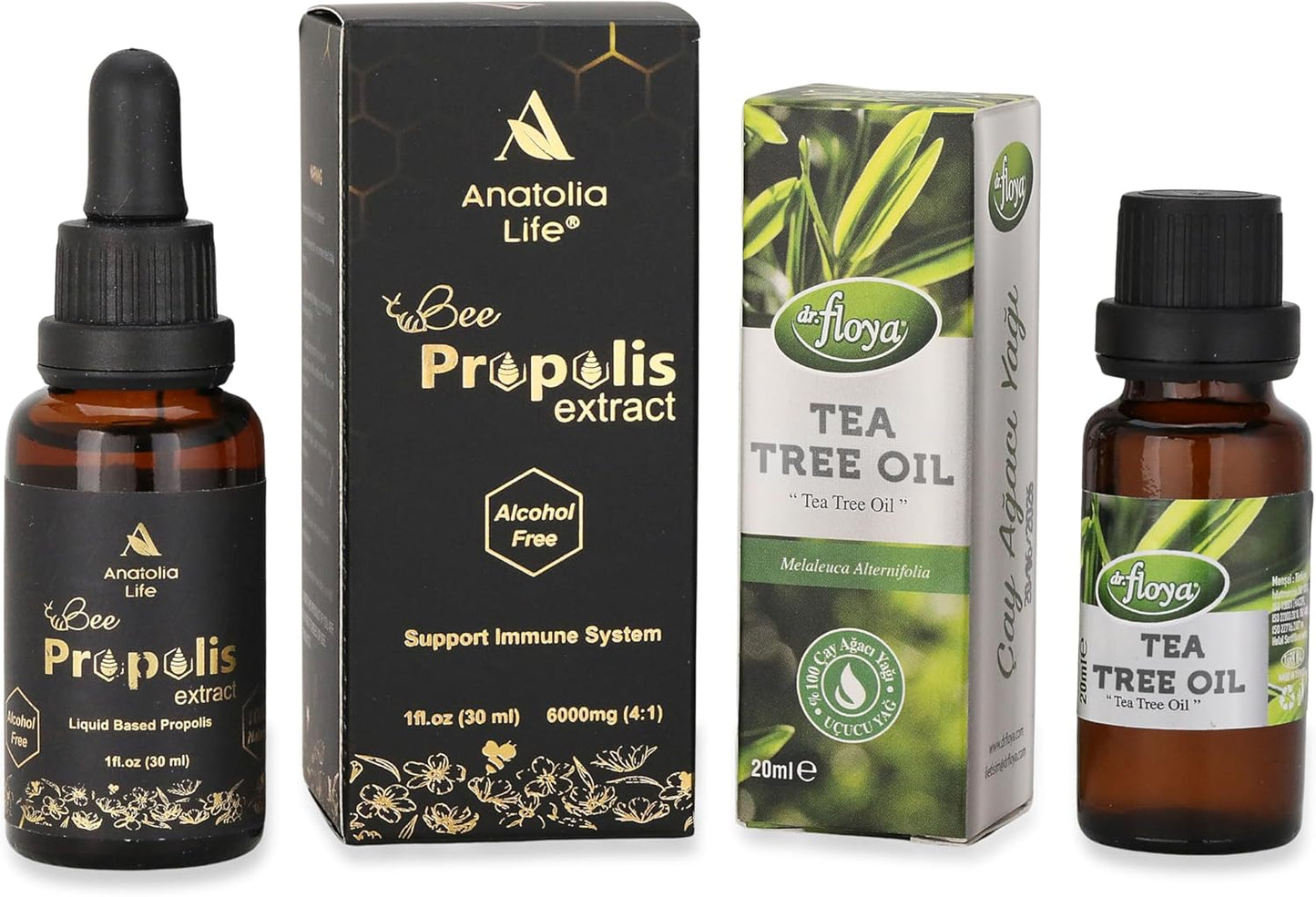 Bee Propolis Extract Alcohol-Free Immune Support Supplement 30ml - 100% Pure Tea Tree Essential Oil 20ml - Natural Immune Booster & Antimicrobial - Ideal for Diffuser, Cleaning, and Aromatherapy