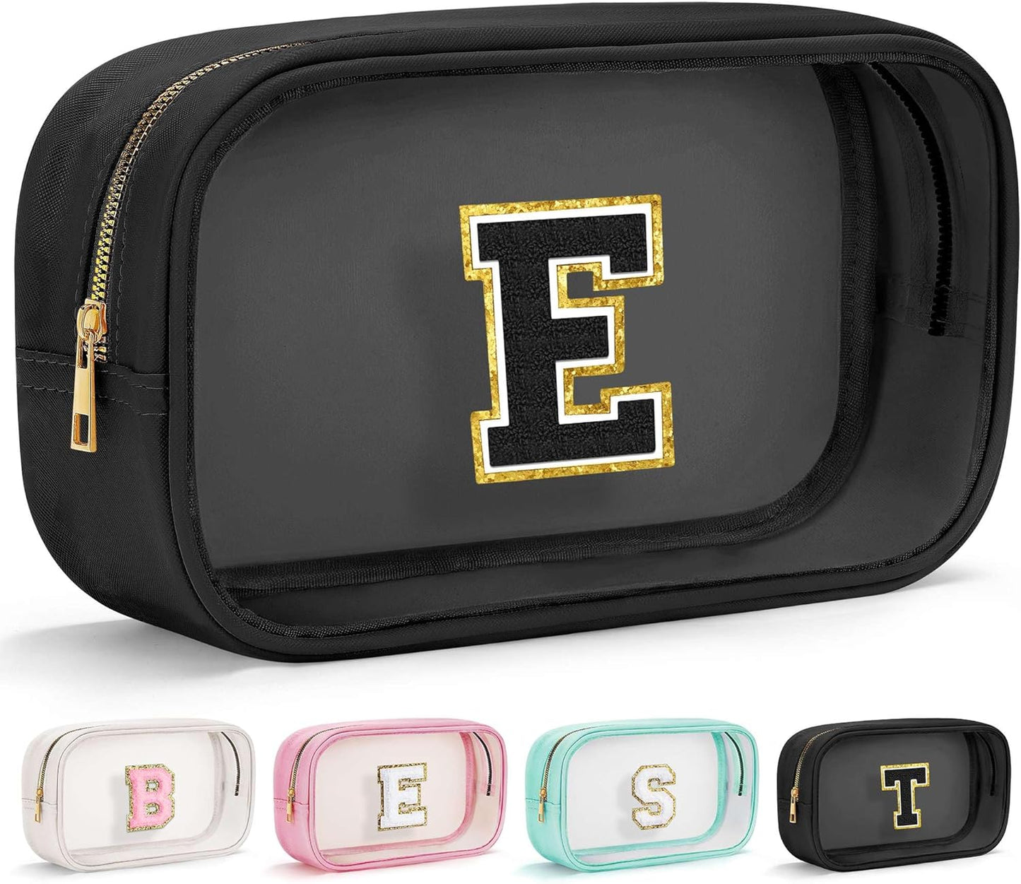 YOOLIFE Initial Make Up Bag Travel Toiletry Bag for Women, Clear Makeup Bag Organizer Cosmetic Bags Travel Essentials Gifts for Women Teen Girlfriend Teacher Mom Birthday Mothers Day Gifts Black E