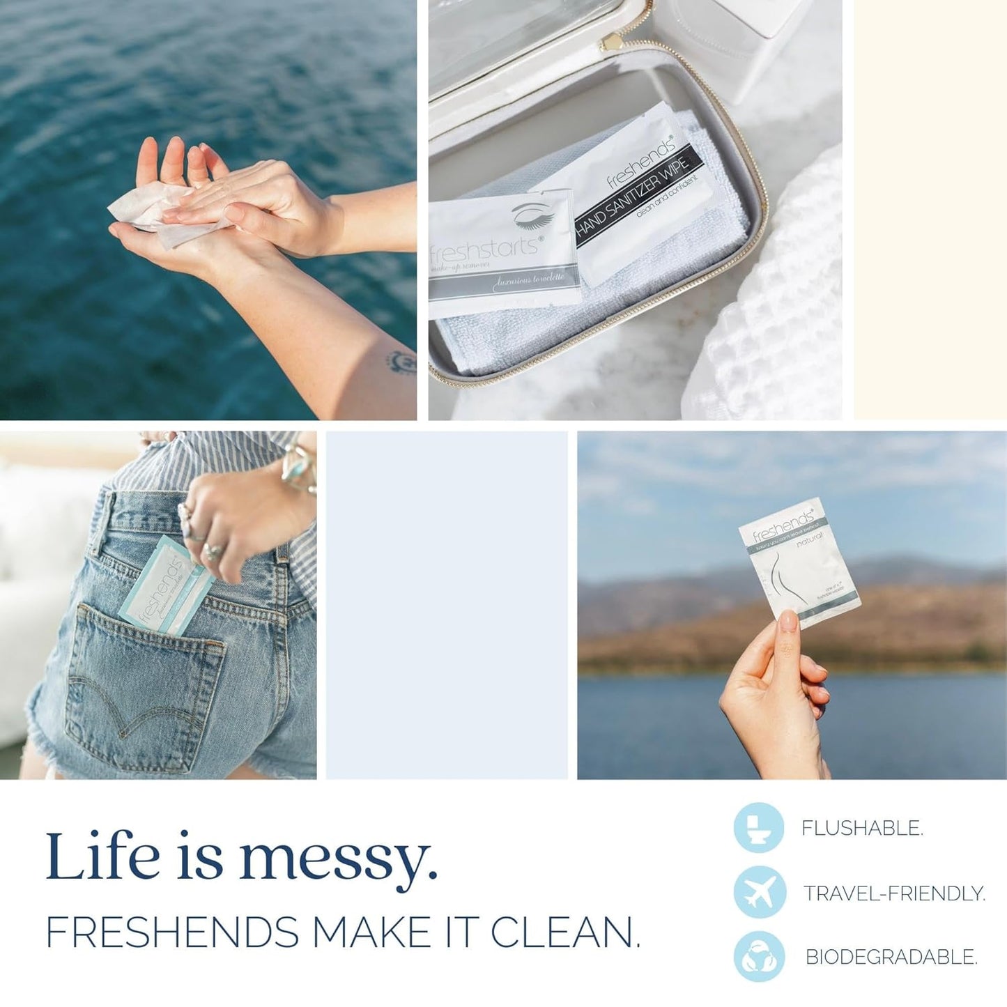 Freshends Flushable Individually Wrapped Wipes – 100 Bulk Pack Luxurious Towelettes, Guest Bathroom Essentials for Weddings, Restaurants, Bars & Clubs – Gray, Travel-Size, Disposable