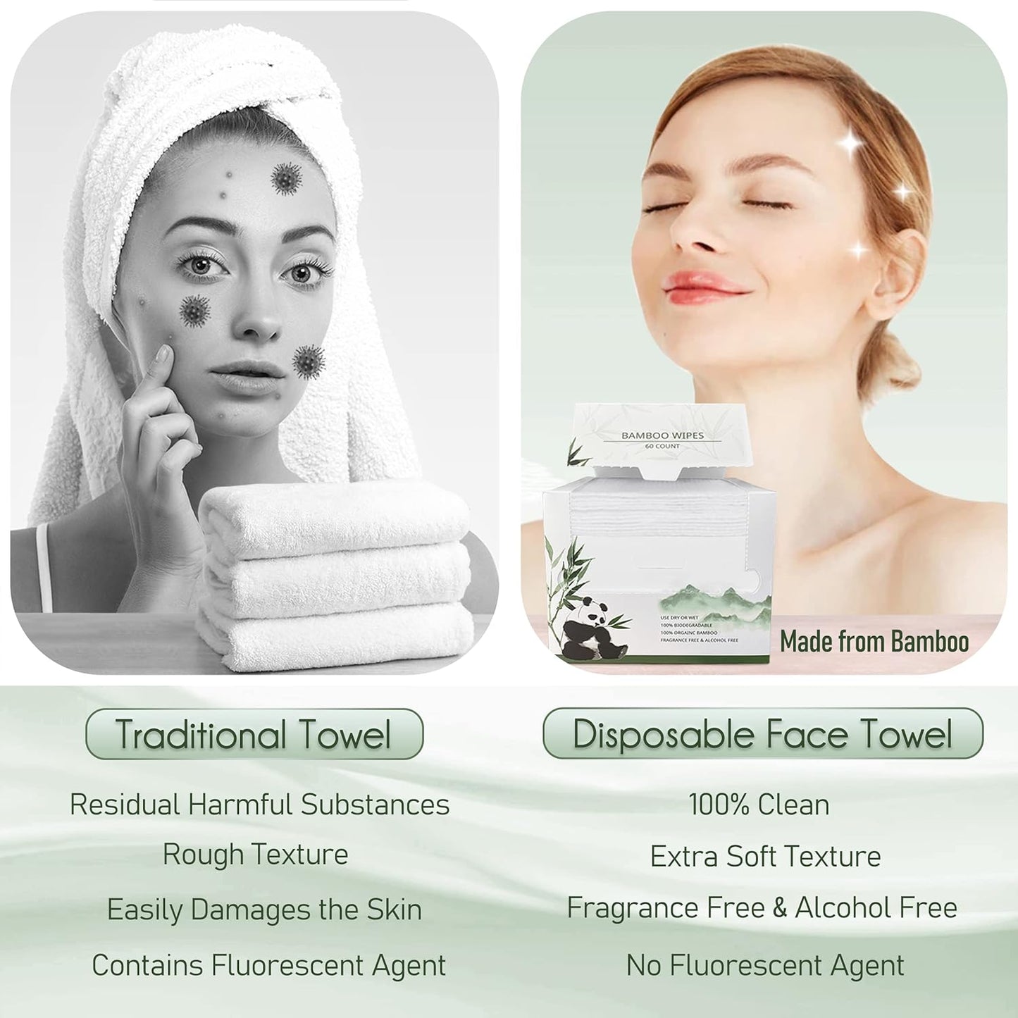 Bamboo Viscose Disposable Face Towel Biodegradable Large Dry Face Wipes 240 Count Extra Thick Soft Clean Facial Towels for Sensitive Skin, Makeup Removing, Facial Cleansing