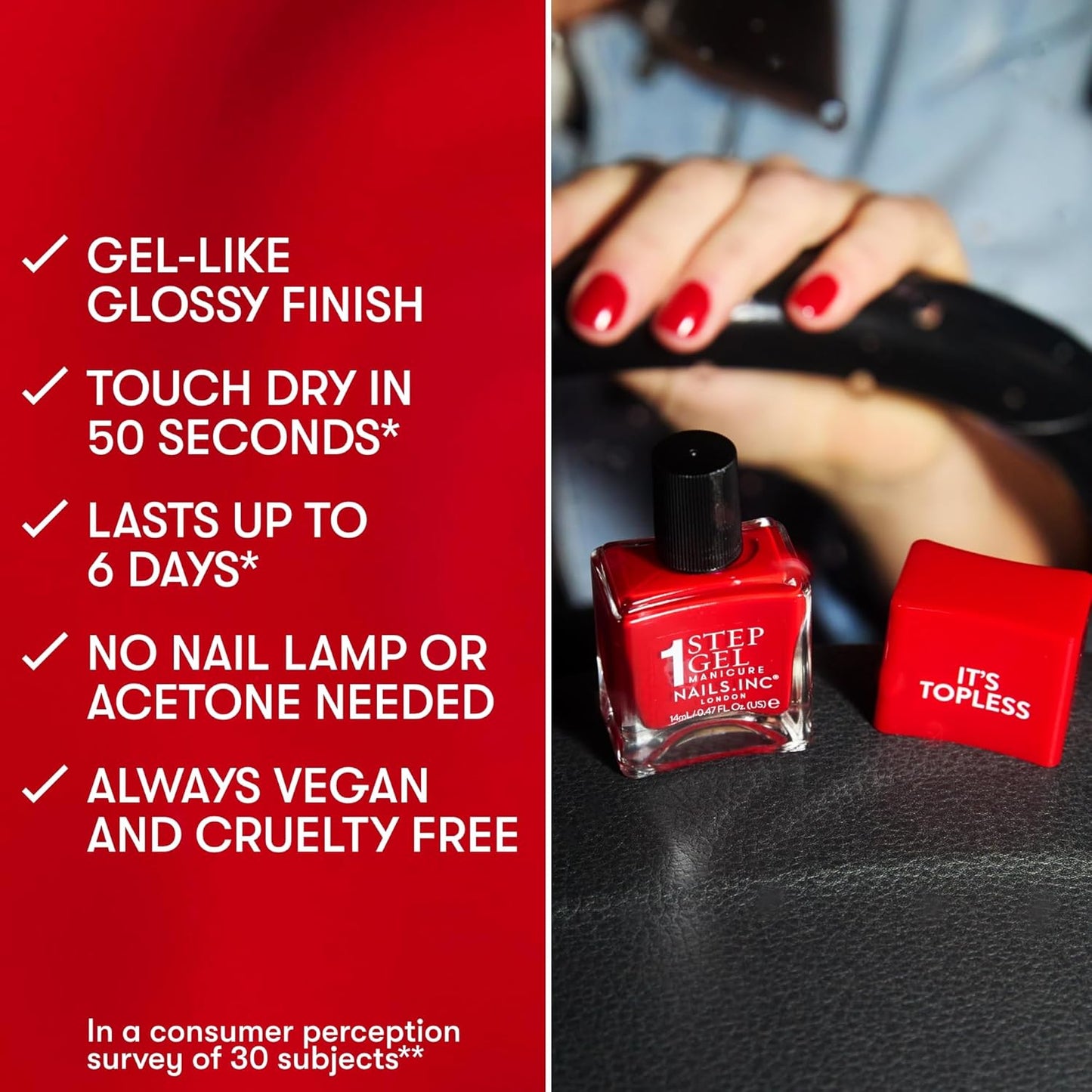 Nails Inc It's Topless Gel-Like Nail Polish, 4-in-1 Base Coat, Treatment, Color & Top Coat, Long Lasting, Strong, Chip Free Nails, Glossy Salon Quality Manicure, Air Dry Nail Polish, Halle, 0.47 Fl Oz